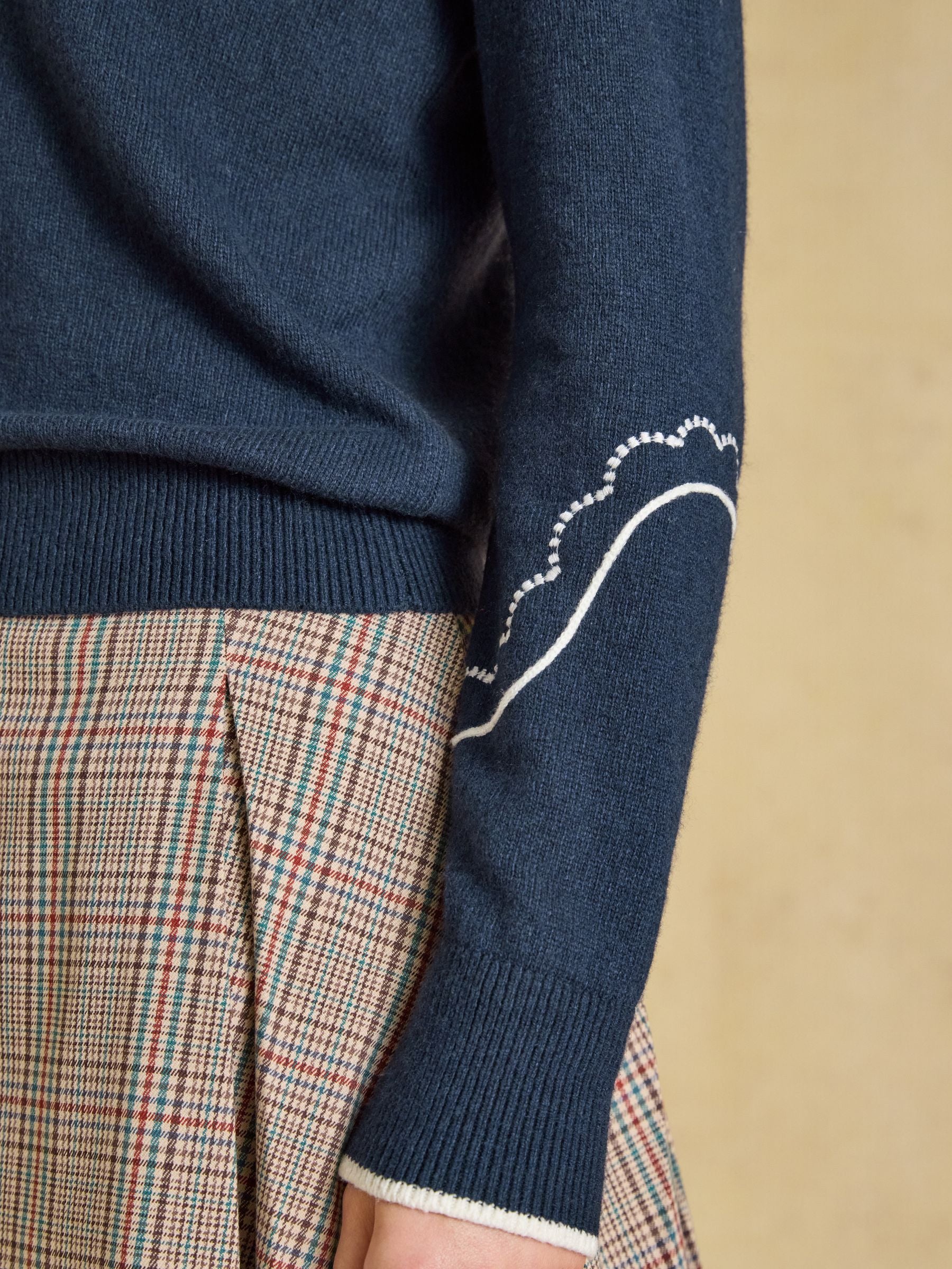 Western Jumper Navy Embroidered Cotton Blend Collared Knitted Jumper