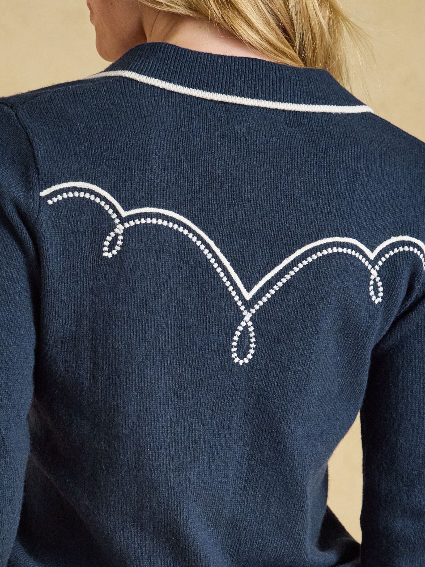 Western Jumper Navy Embroidered Cotton Blend Collared Knitted Jumper