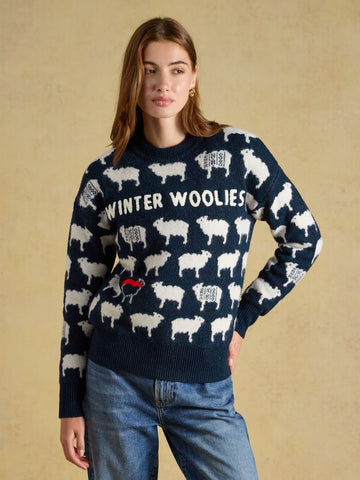Sheep Icon Crew Neck Knitted Jumper - Navy