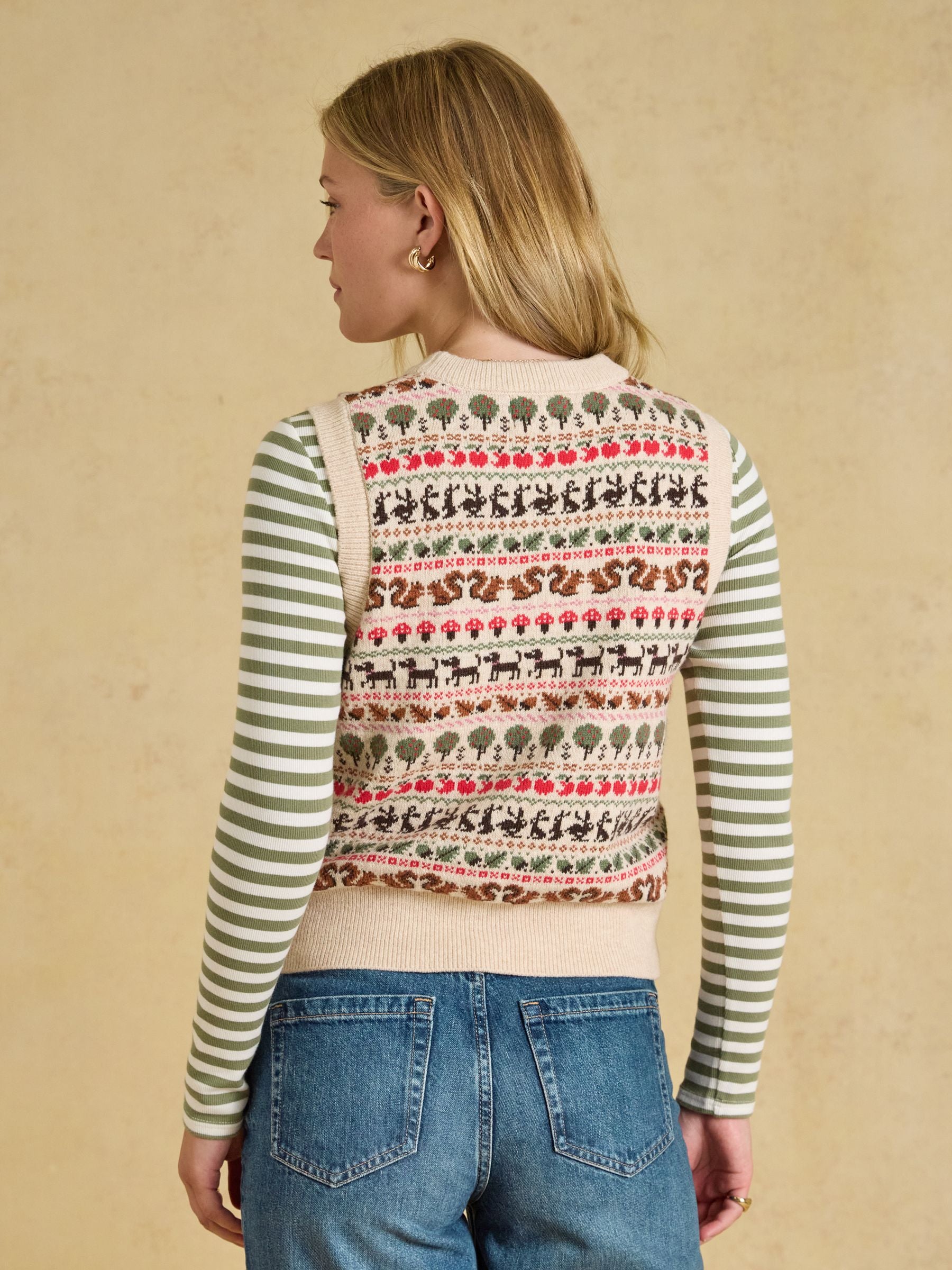 Orchard Pattern Oatmeal Cotton Blend Crew Neck Knitted Vest