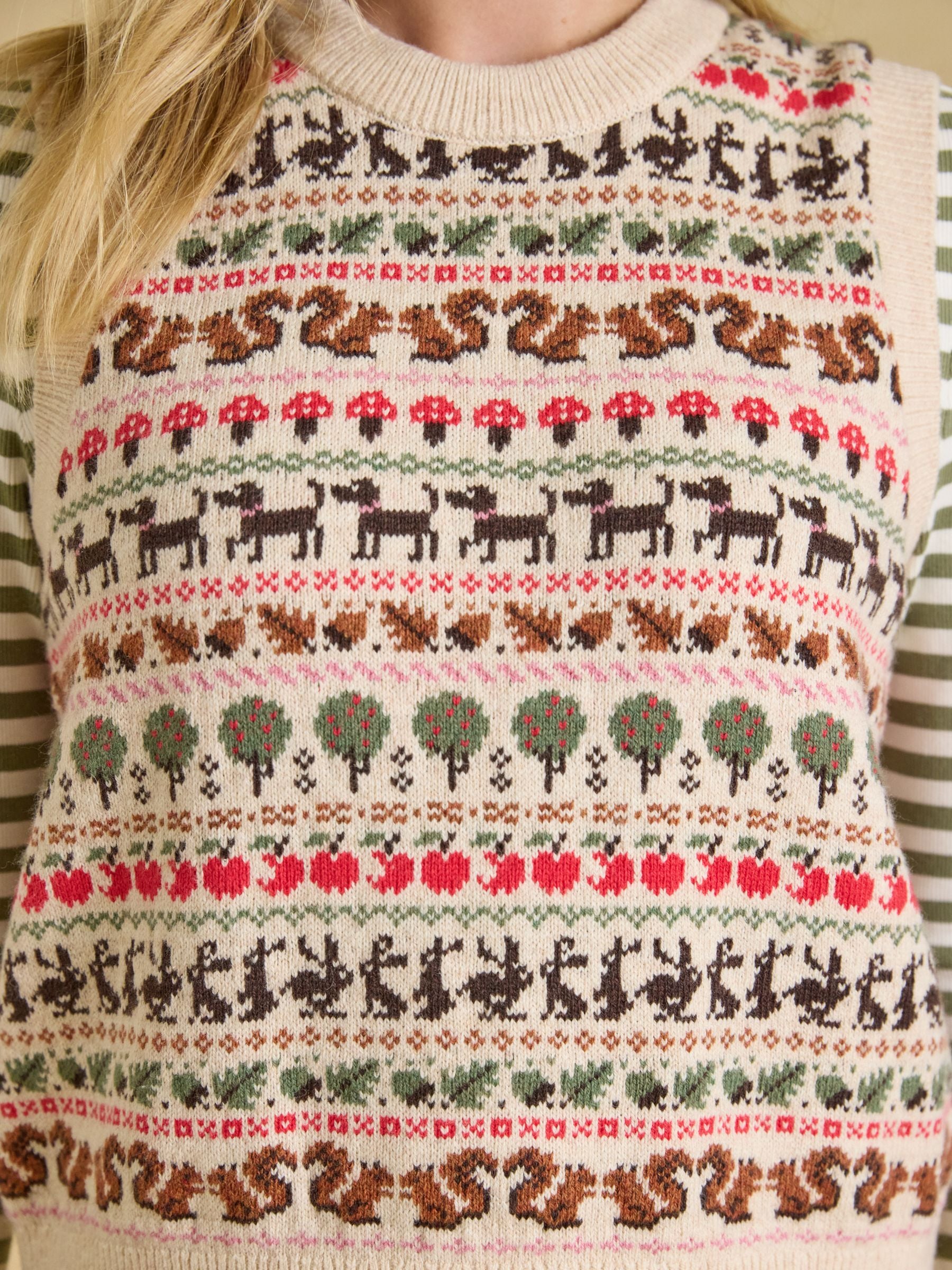 Orchard Pattern Oatmeal Cotton Blend Crew Neck Knitted Vest