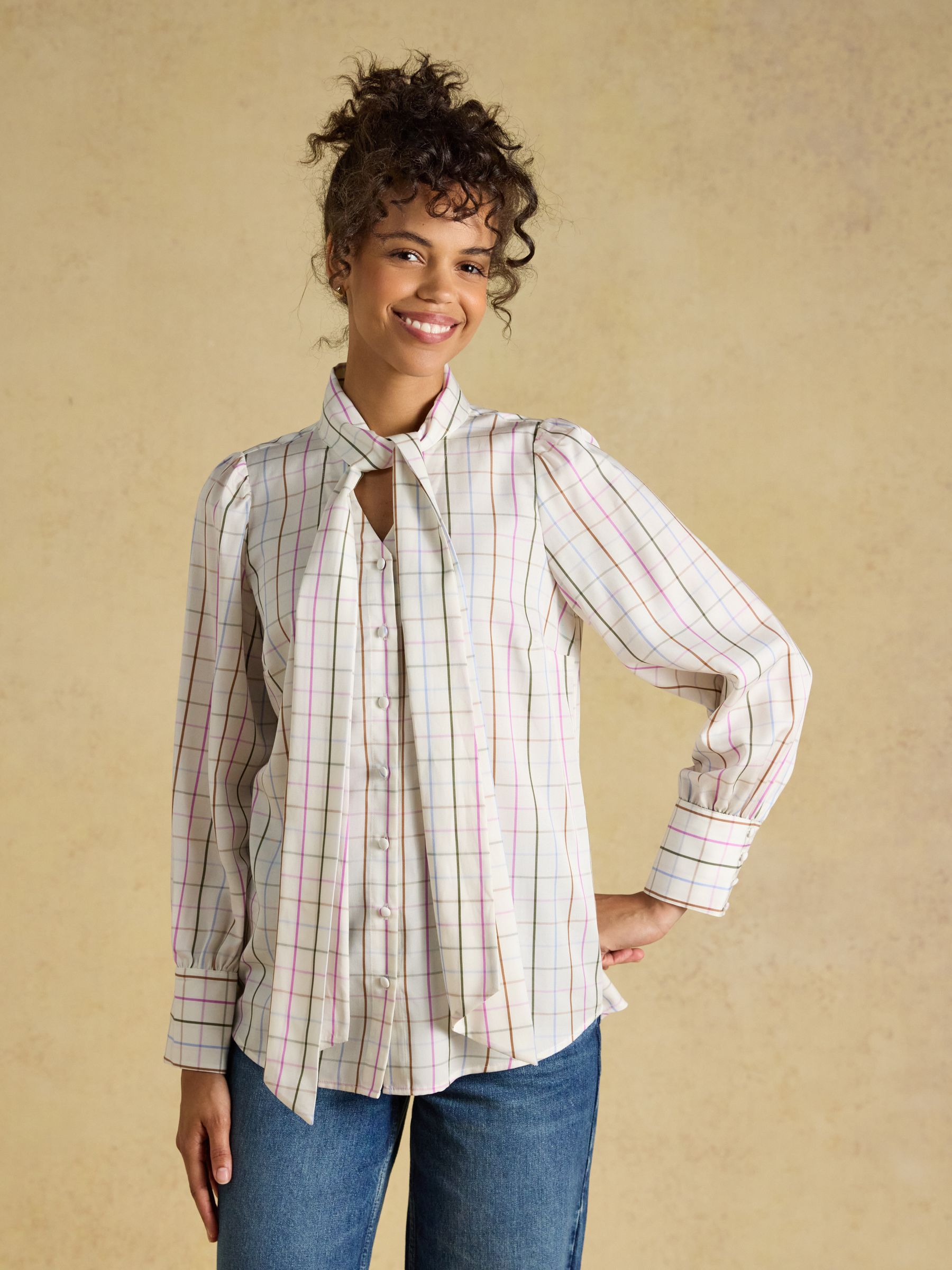Tabby Cream Tattersall Check Tie Neck Blouse