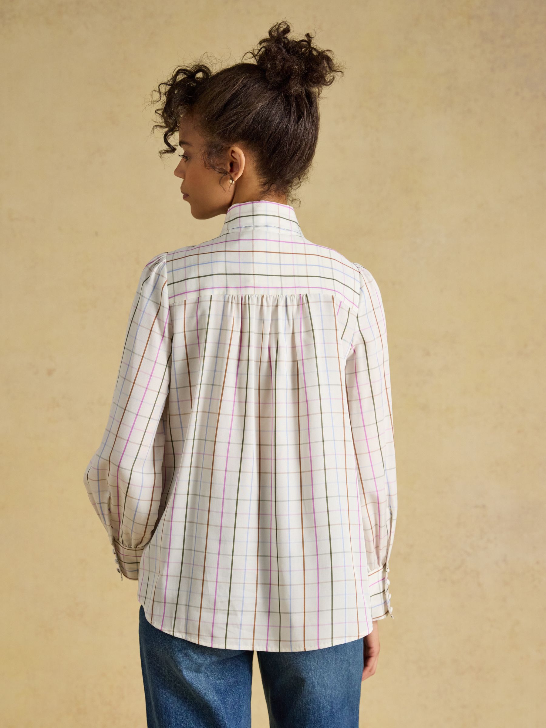 Tabby Cream Tattersall Check Tie Neck Blouse