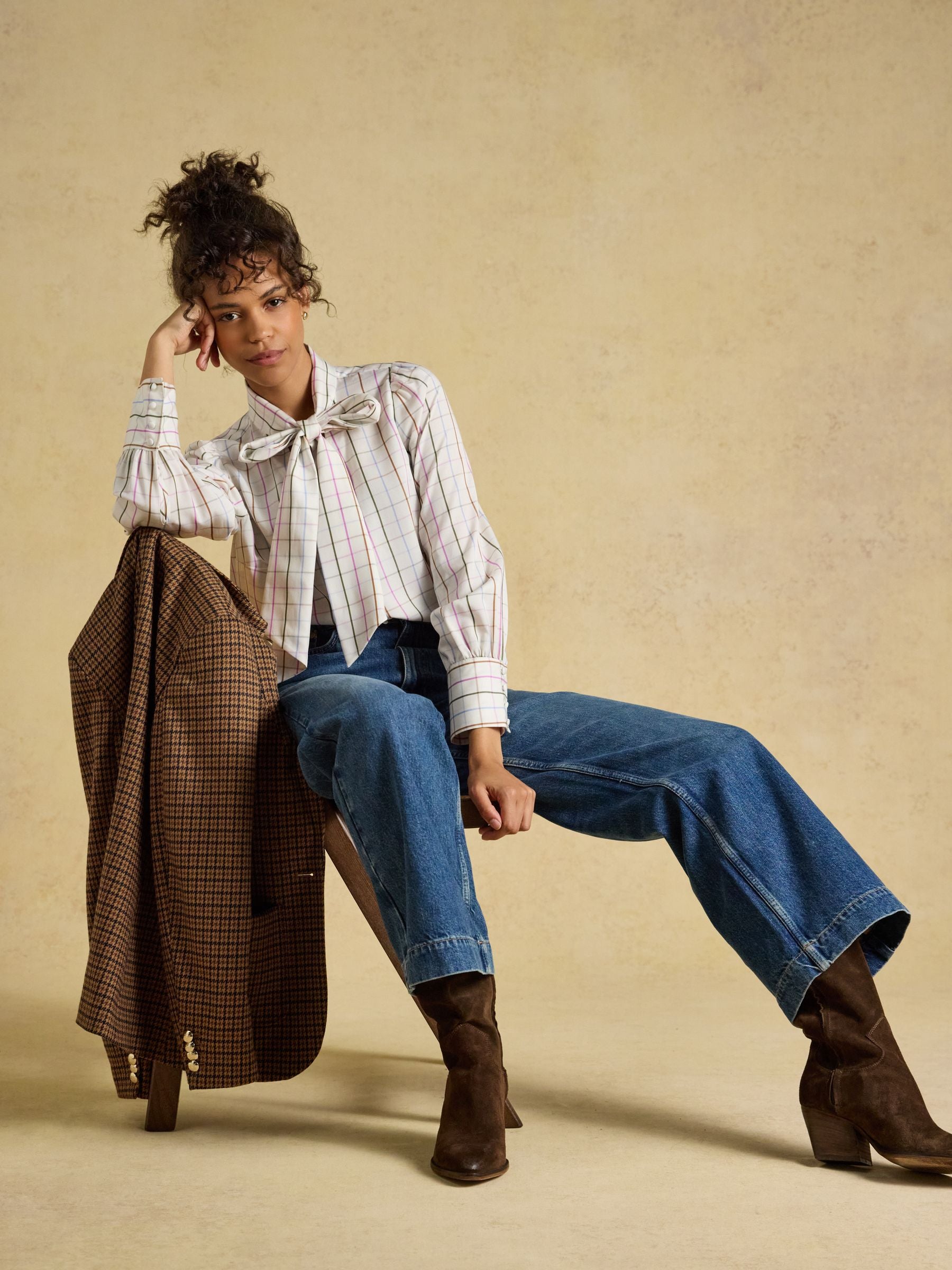 Tabby Cream Tattersall Check Tie Neck Blouse