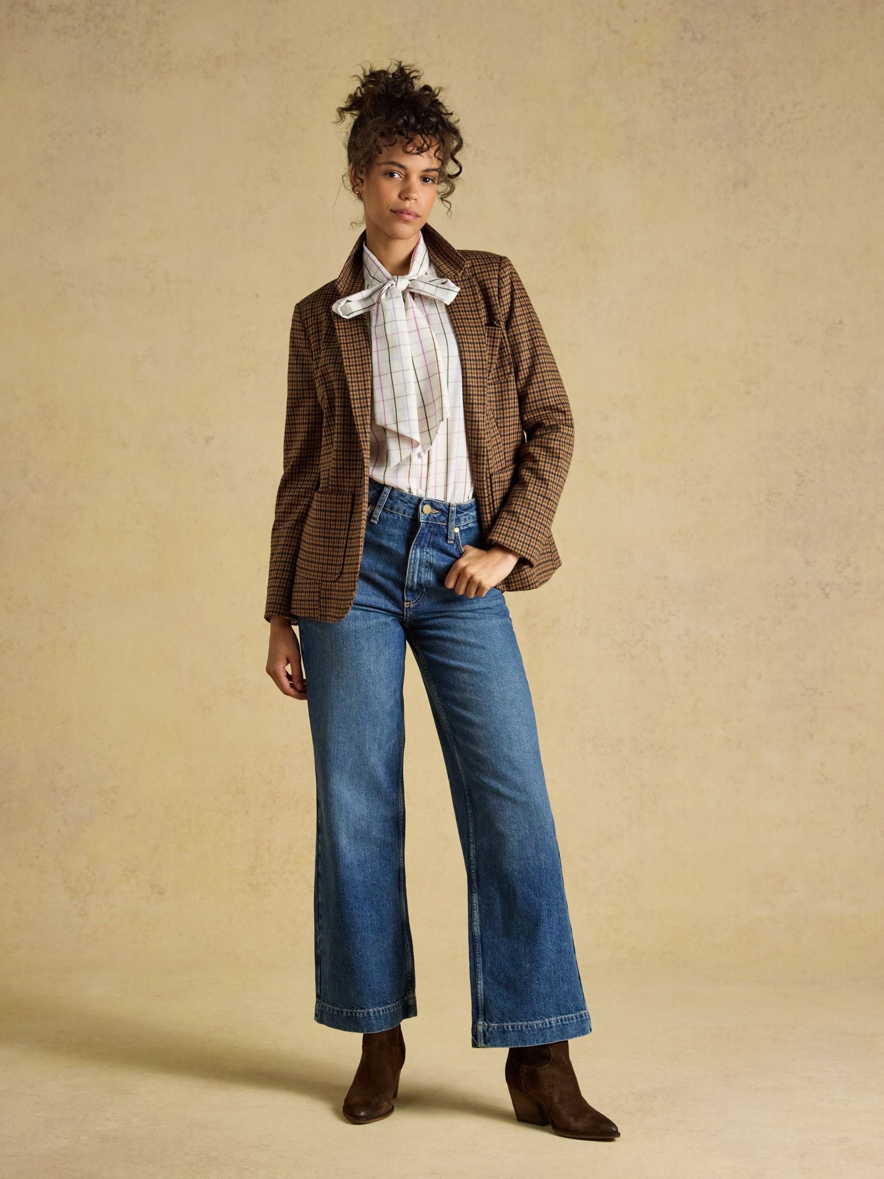 Tabby Cream Tattersall Check Tie Neck Blouse