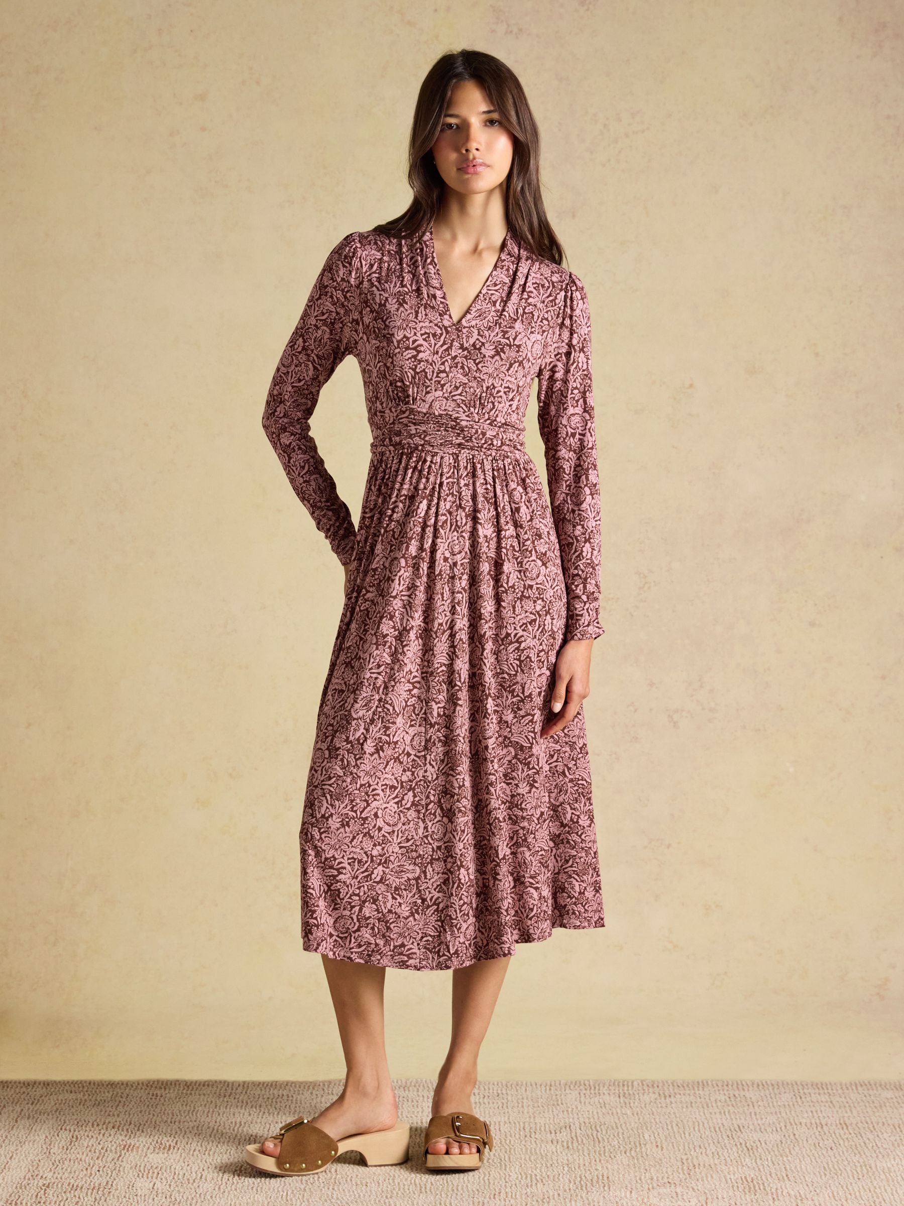 Mina Brown Jersey V Neck Ruched Waist Midi Dress