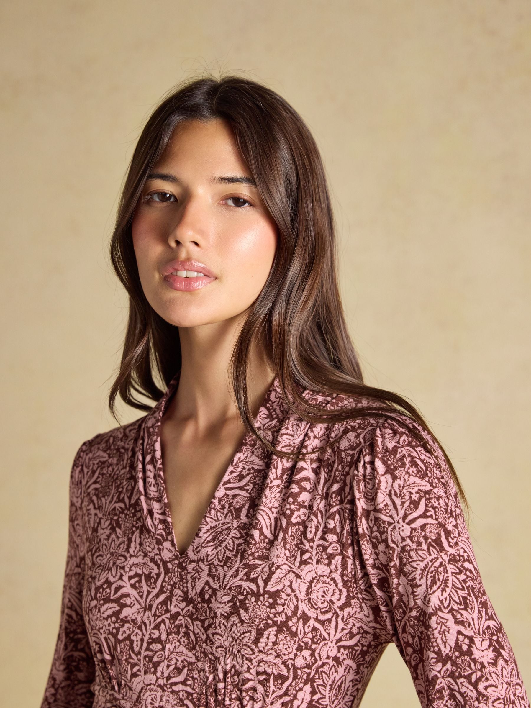 Mina Brown Jersey V Neck Ruched Waist Midi Dress