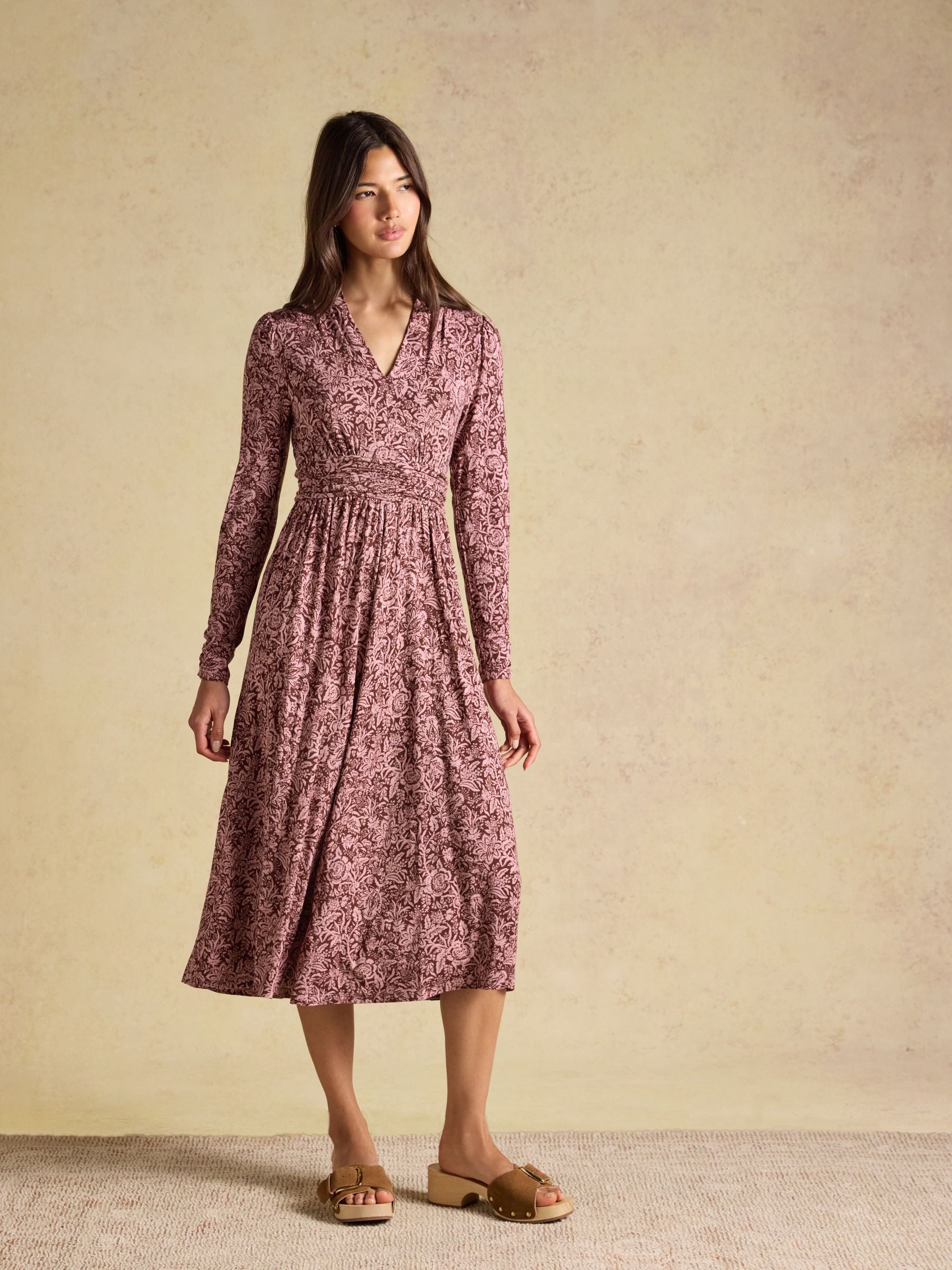 Mina Brown Jersey V Neck Ruched Waist Midi Dress