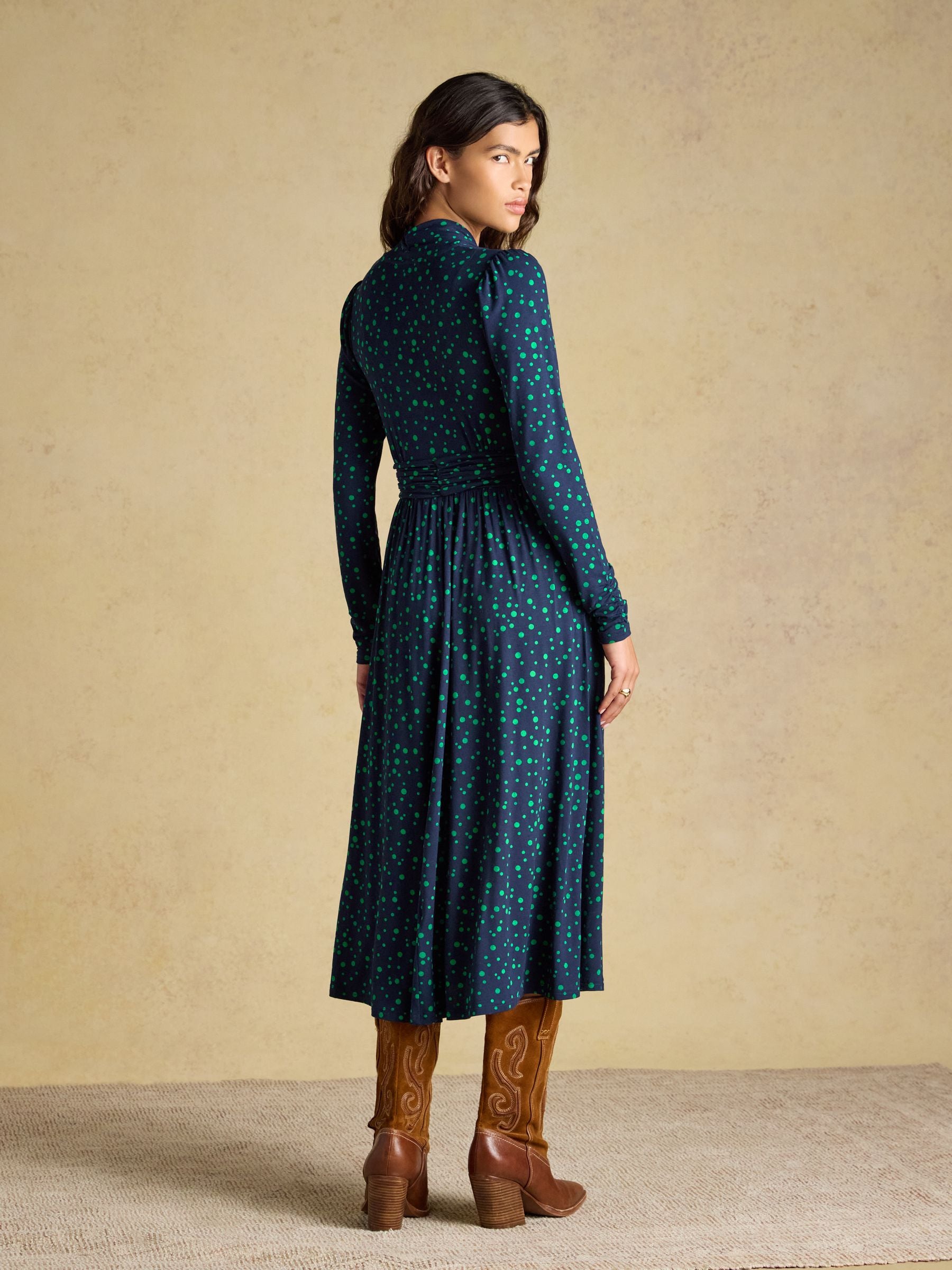 Mina Blue/Green Spot Jersey V Neck Ruched Waist Midi Dress
