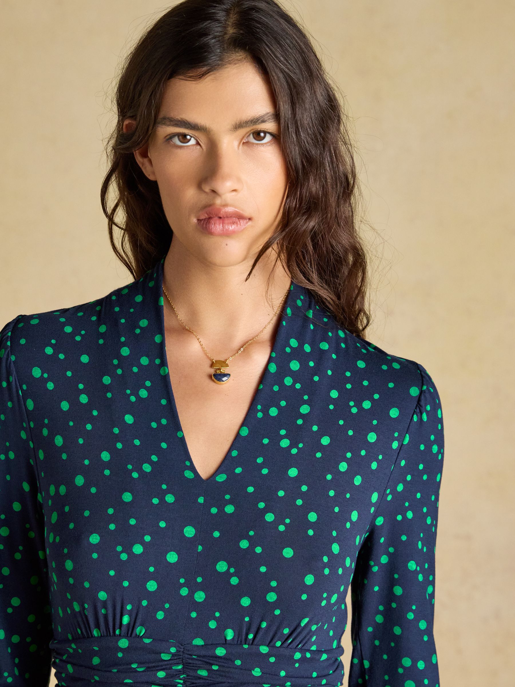Mina Blue/Green Spot Jersey V Neck Ruched Waist Midi Dress