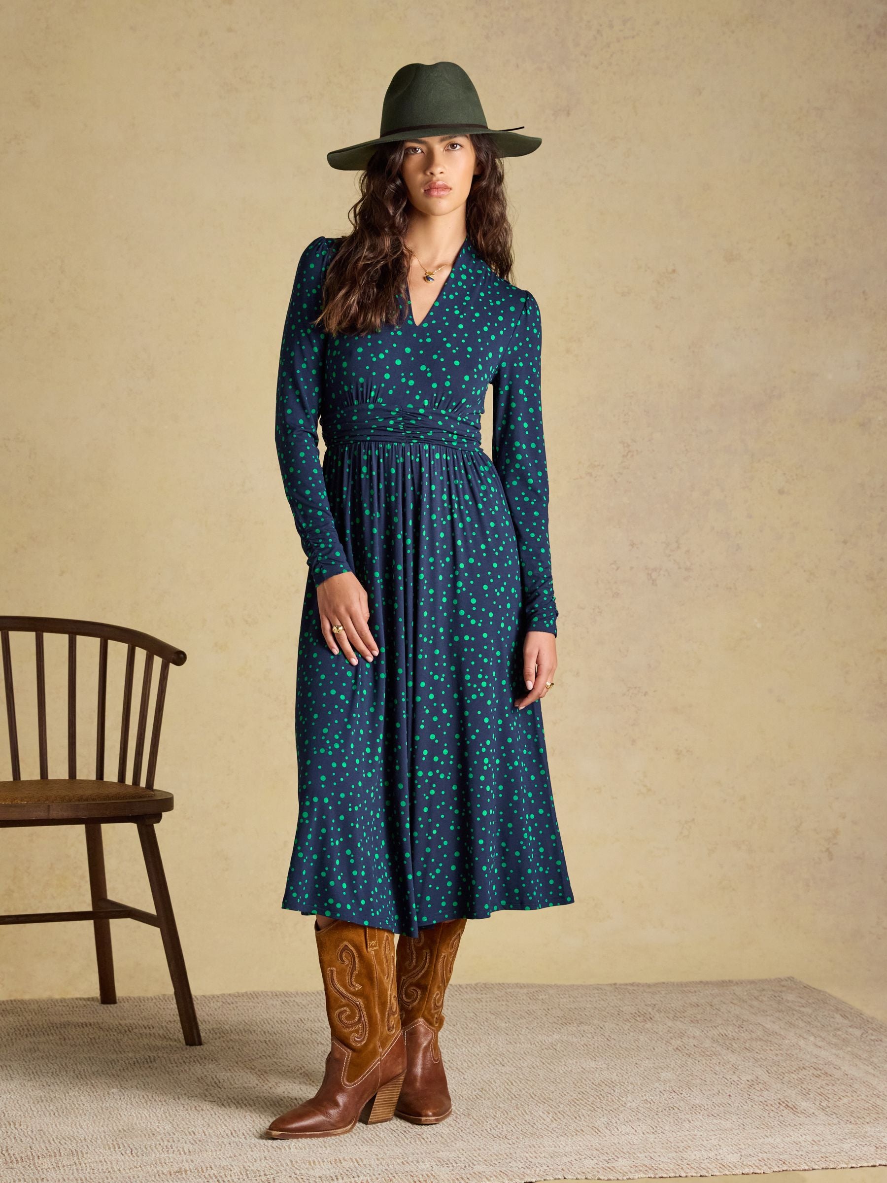 Mina Blue/Green Spot Jersey V Neck Ruched Waist Midi Dress