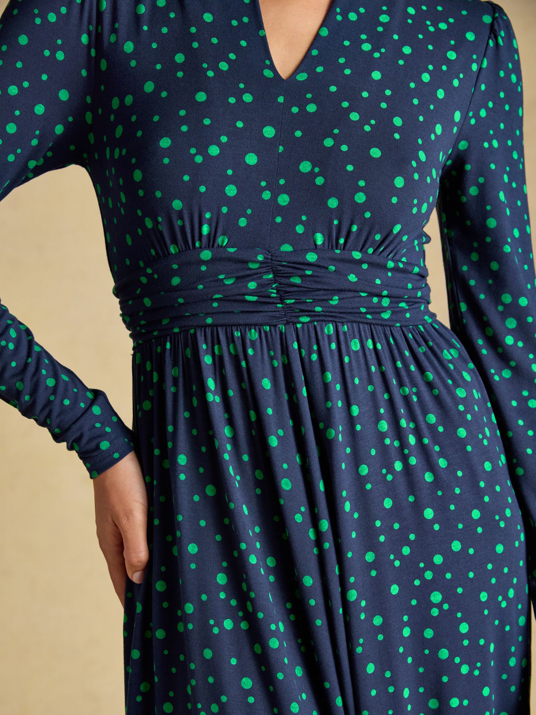 Mina Blue/Green Spot Jersey V Neck Ruched Waist Midi Dress
