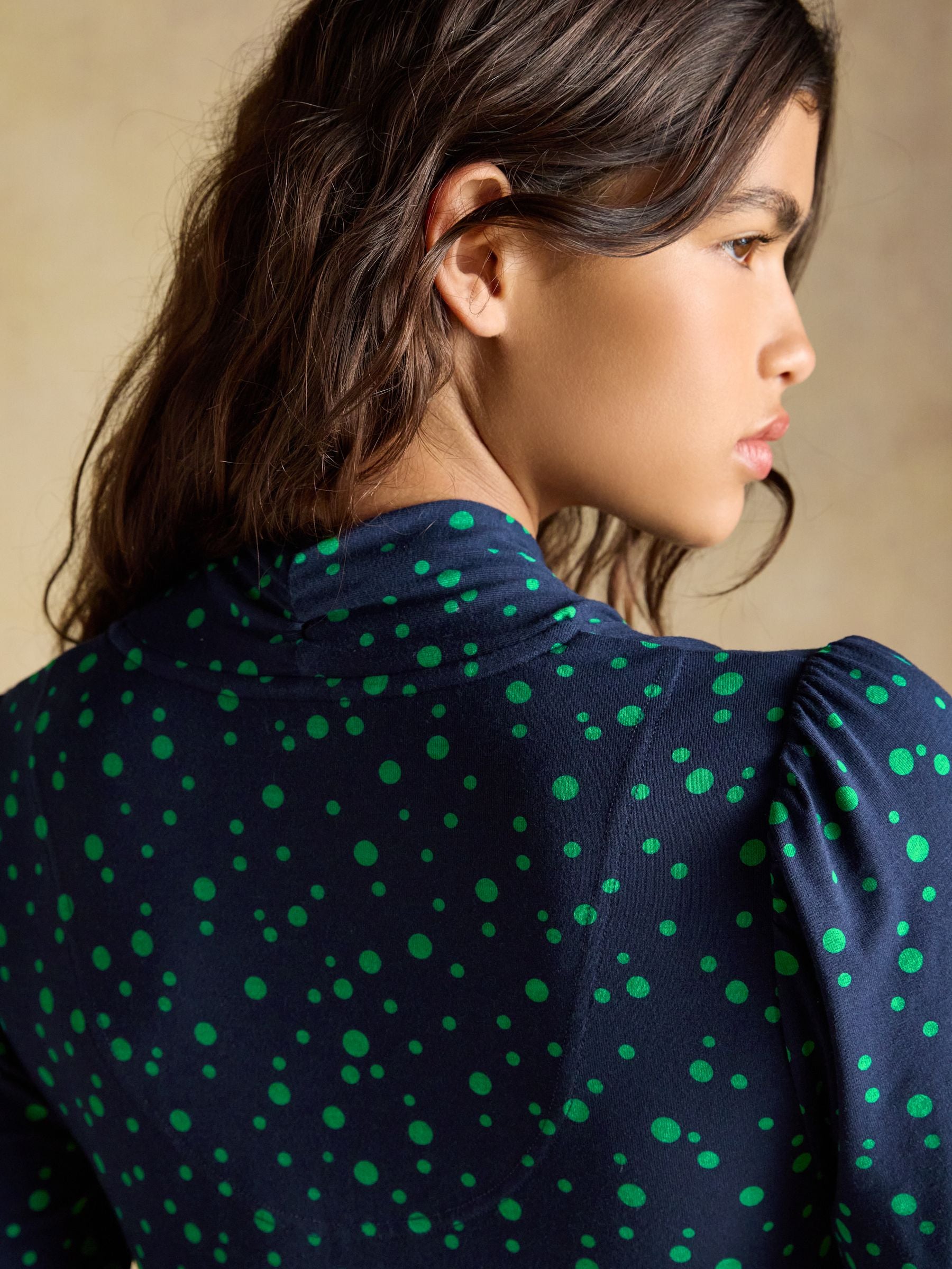 Mina Blue/Green Spot Jersey V Neck Ruched Waist Midi Dress