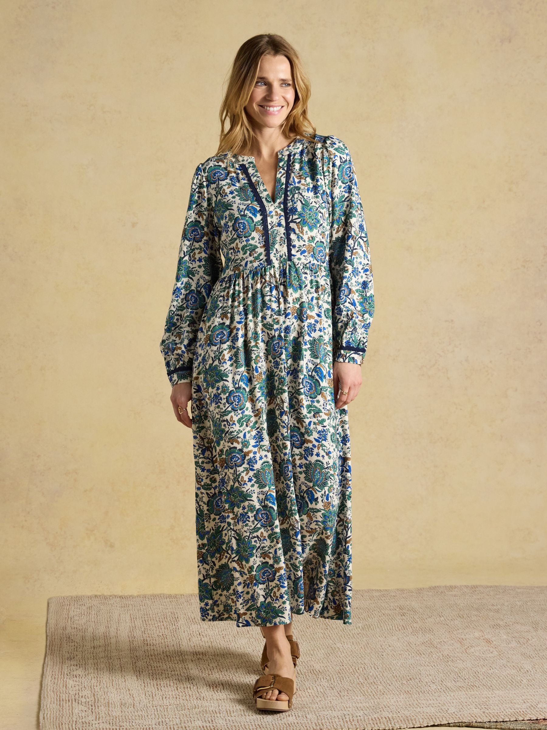 Bethany Blue Floral Lace Trim Midi Dress