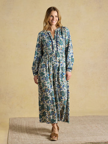 Bethany Blue Floral Lace Trim Midi Dress