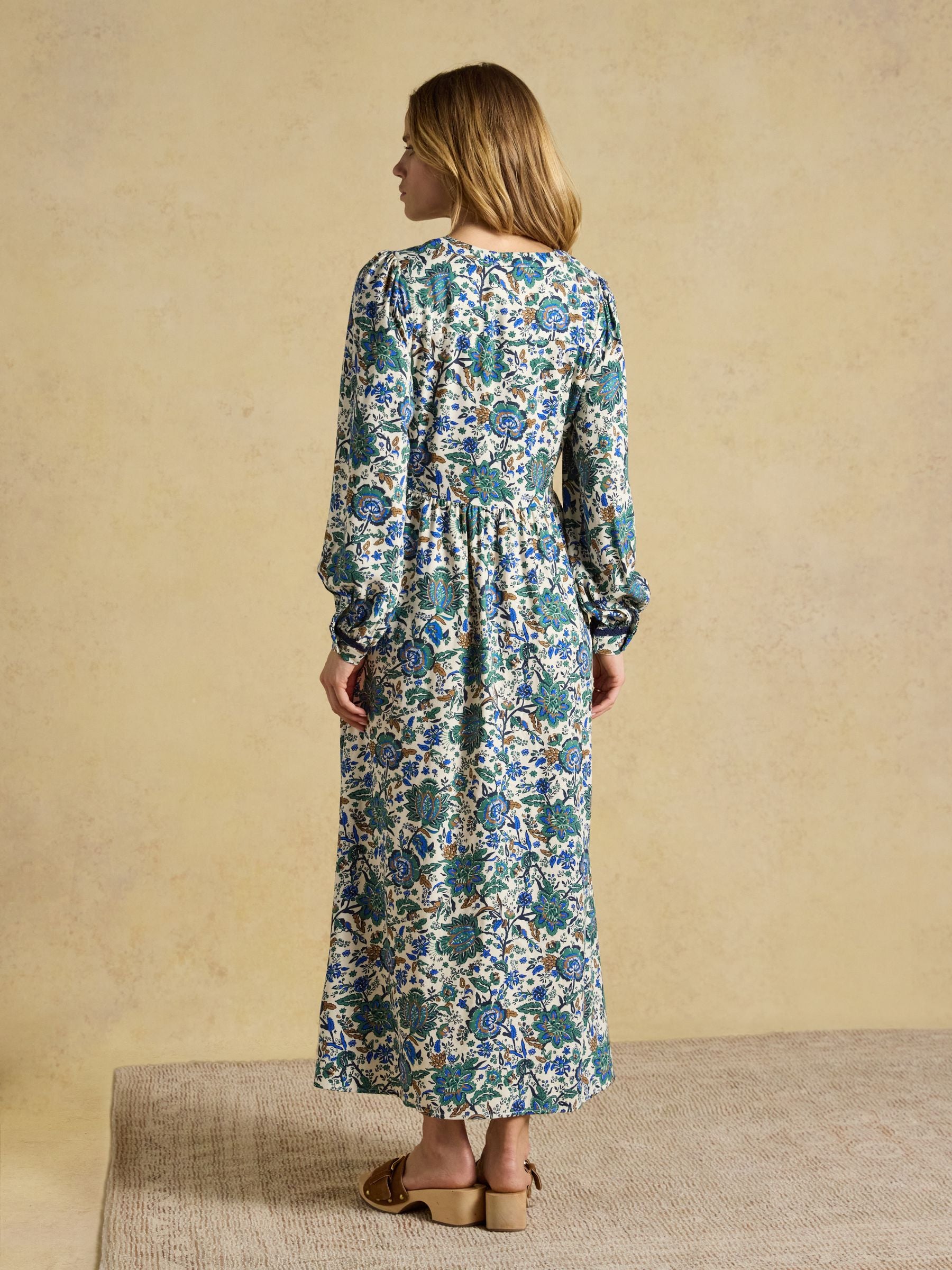 Bethany Blue Floral Lace Trim Midi Dress
