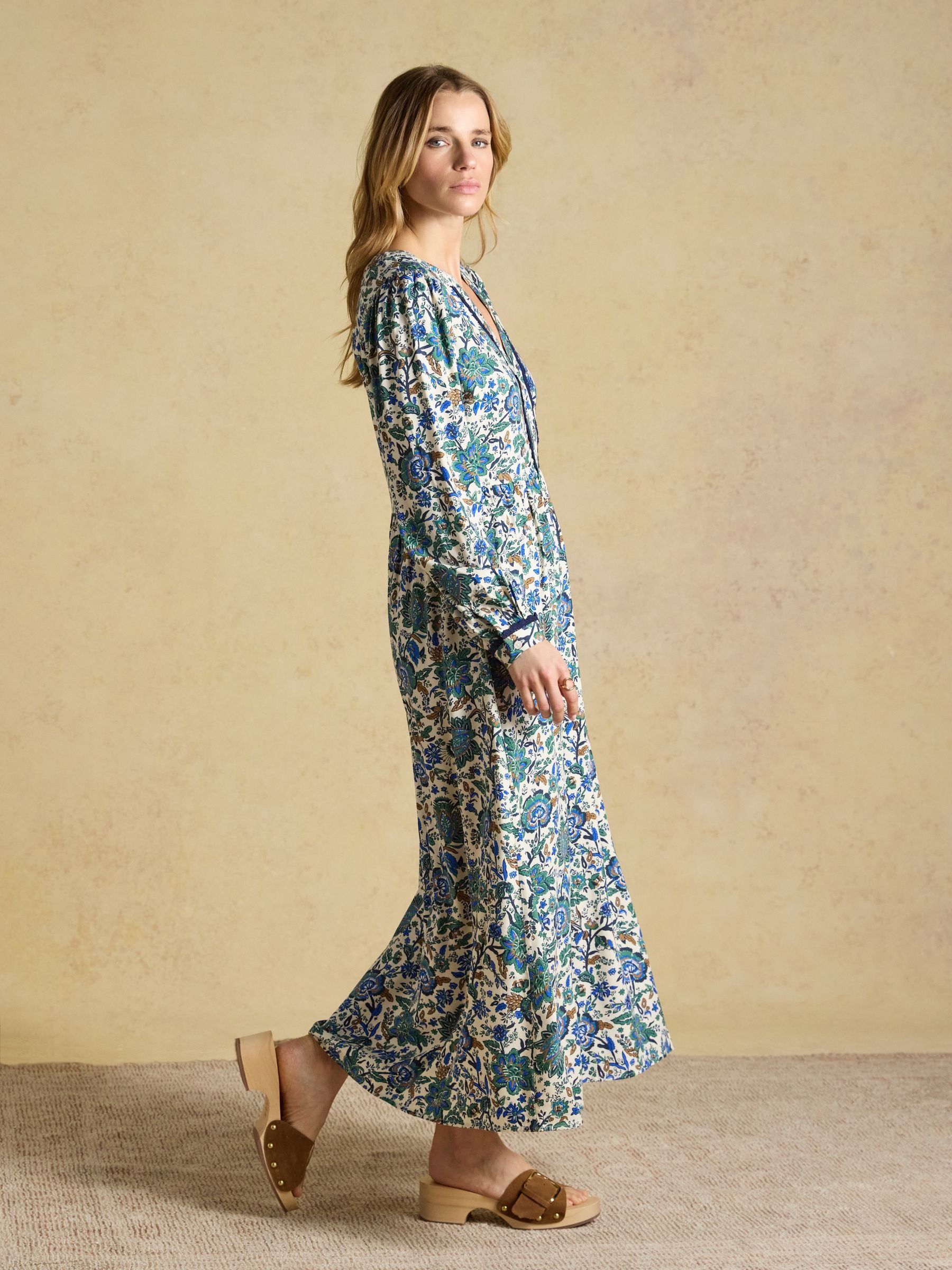 Bethany Blue Floral Lace Trim Midi Dress