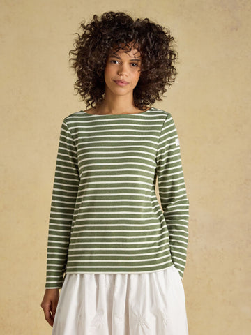 Harbour Khaki Marl & Cream Stripe Long Sleeve Striped Boat Neck Breton Top