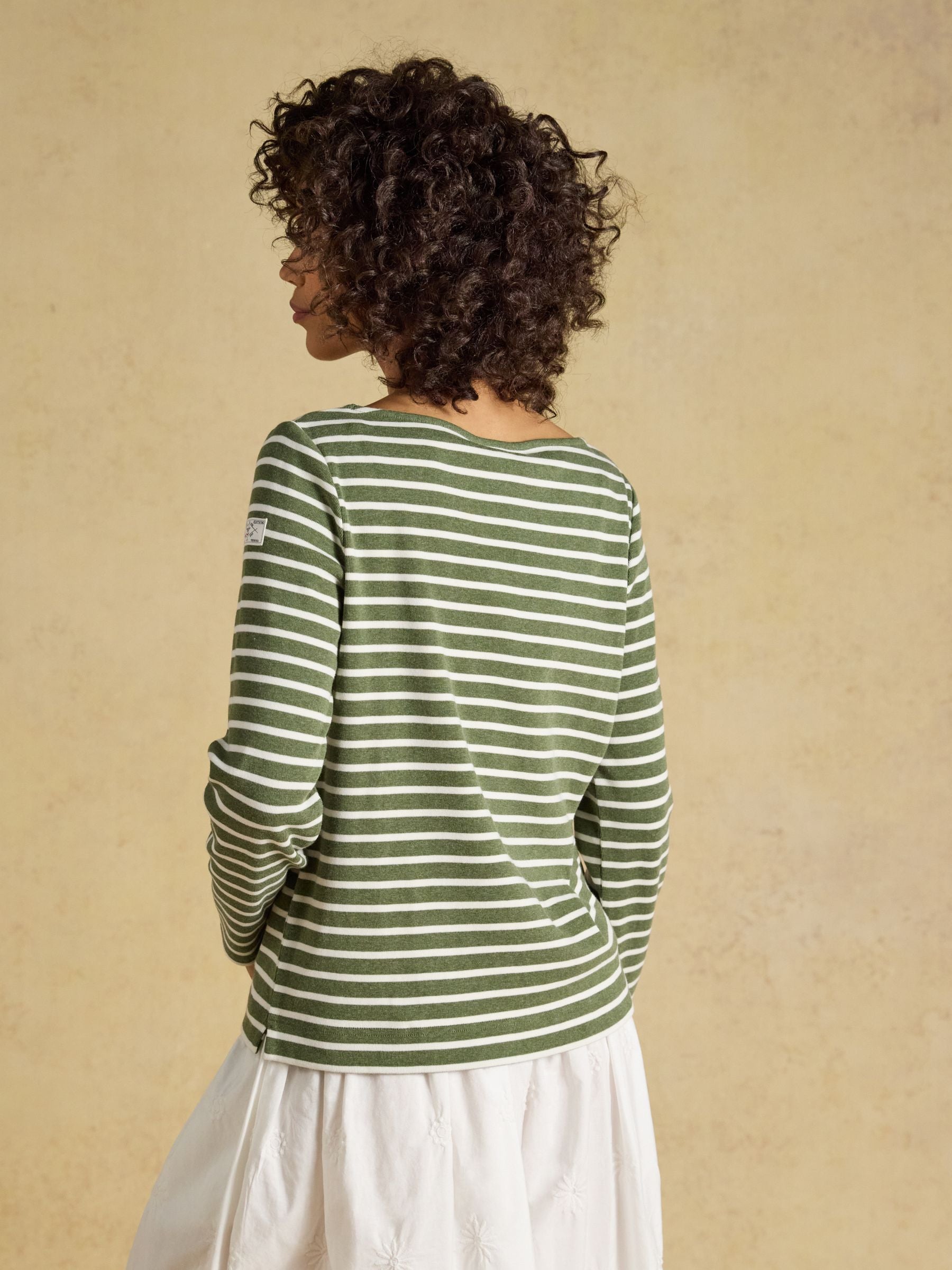 Harbour Khaki Marl & Cream Stripe Long Sleeve Striped Boat Neck Breton Top