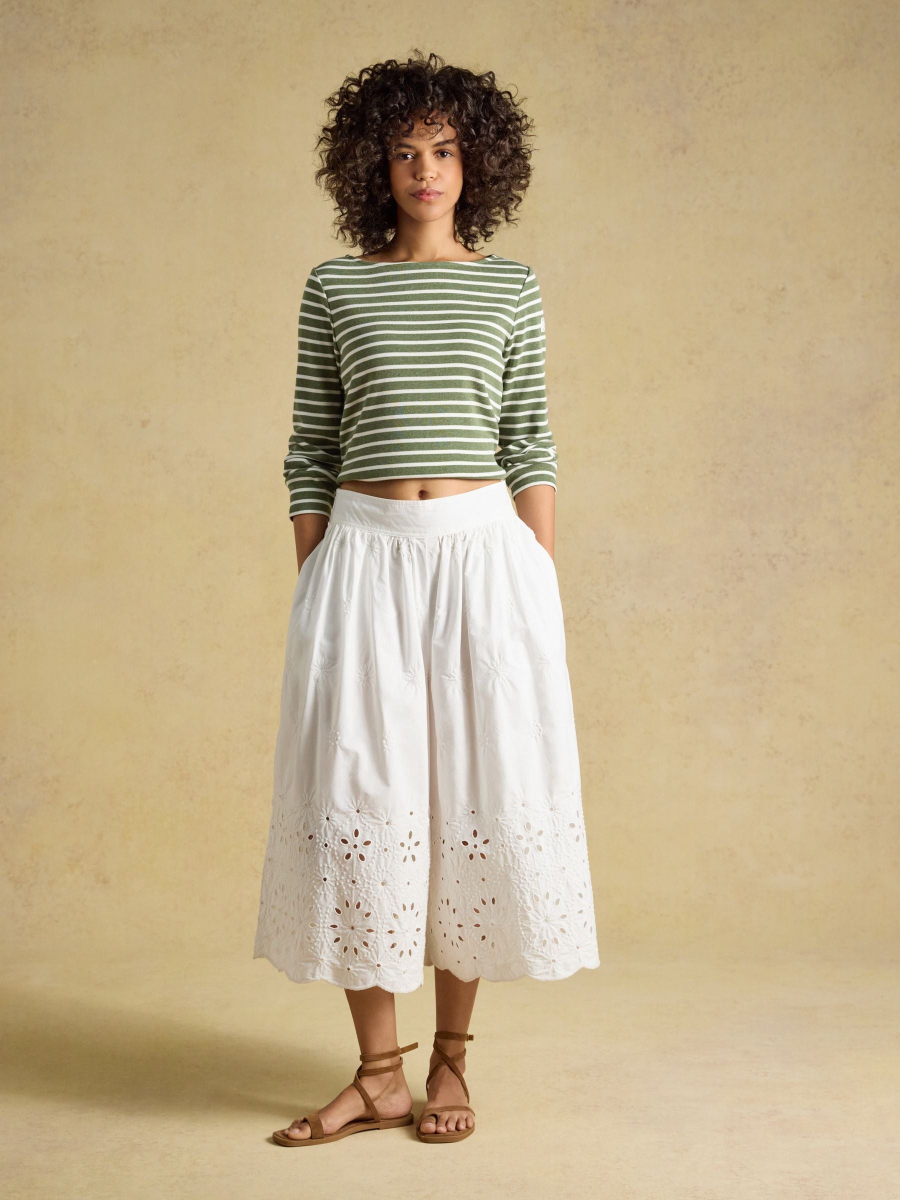 Harbour Khaki Marl & Cream Stripe Long Sleeve Striped Boat Neck Breton Top