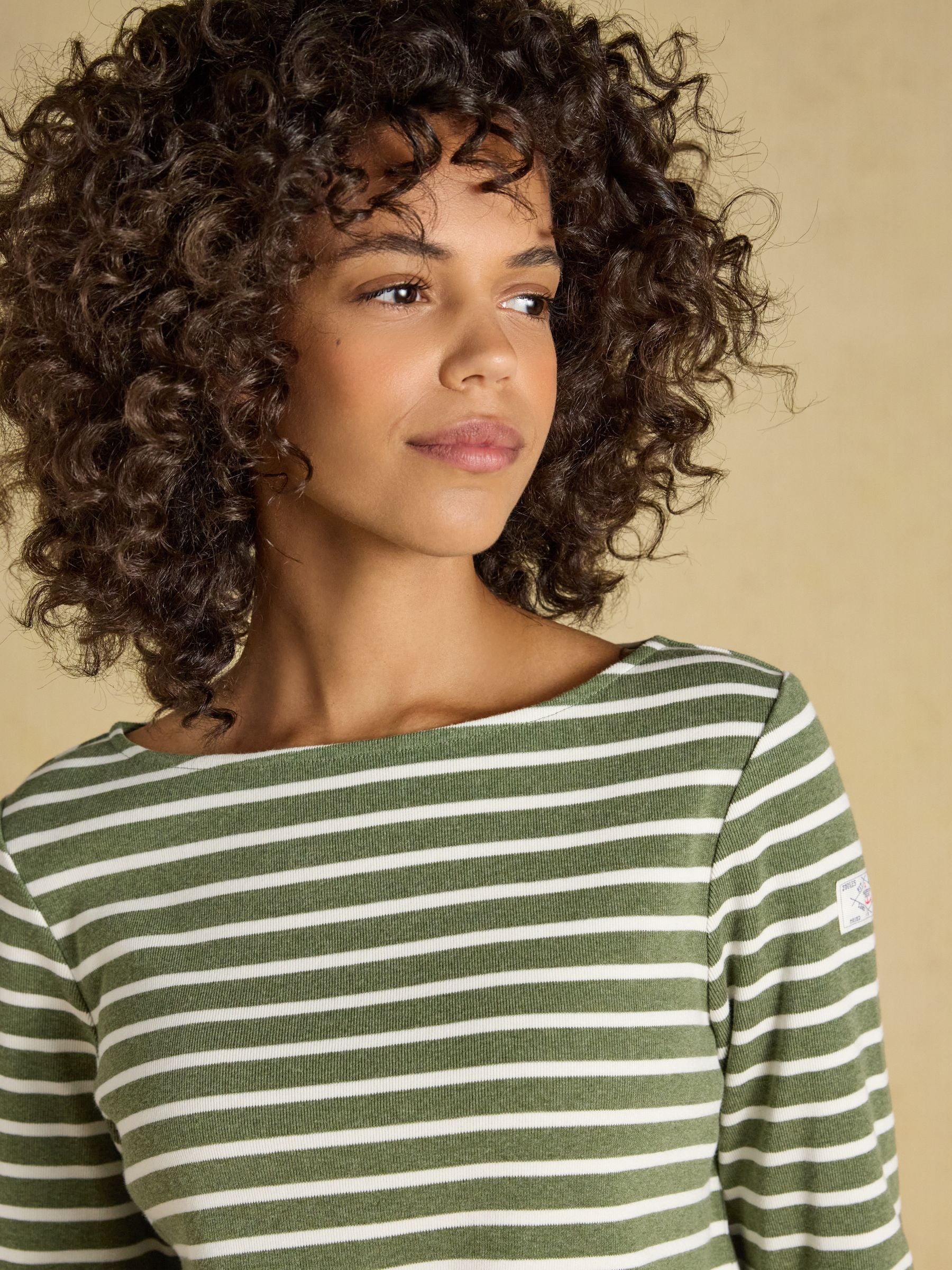 Harbour Khaki Marl & Cream Stripe Long Sleeve Striped Boat Neck Breton Top