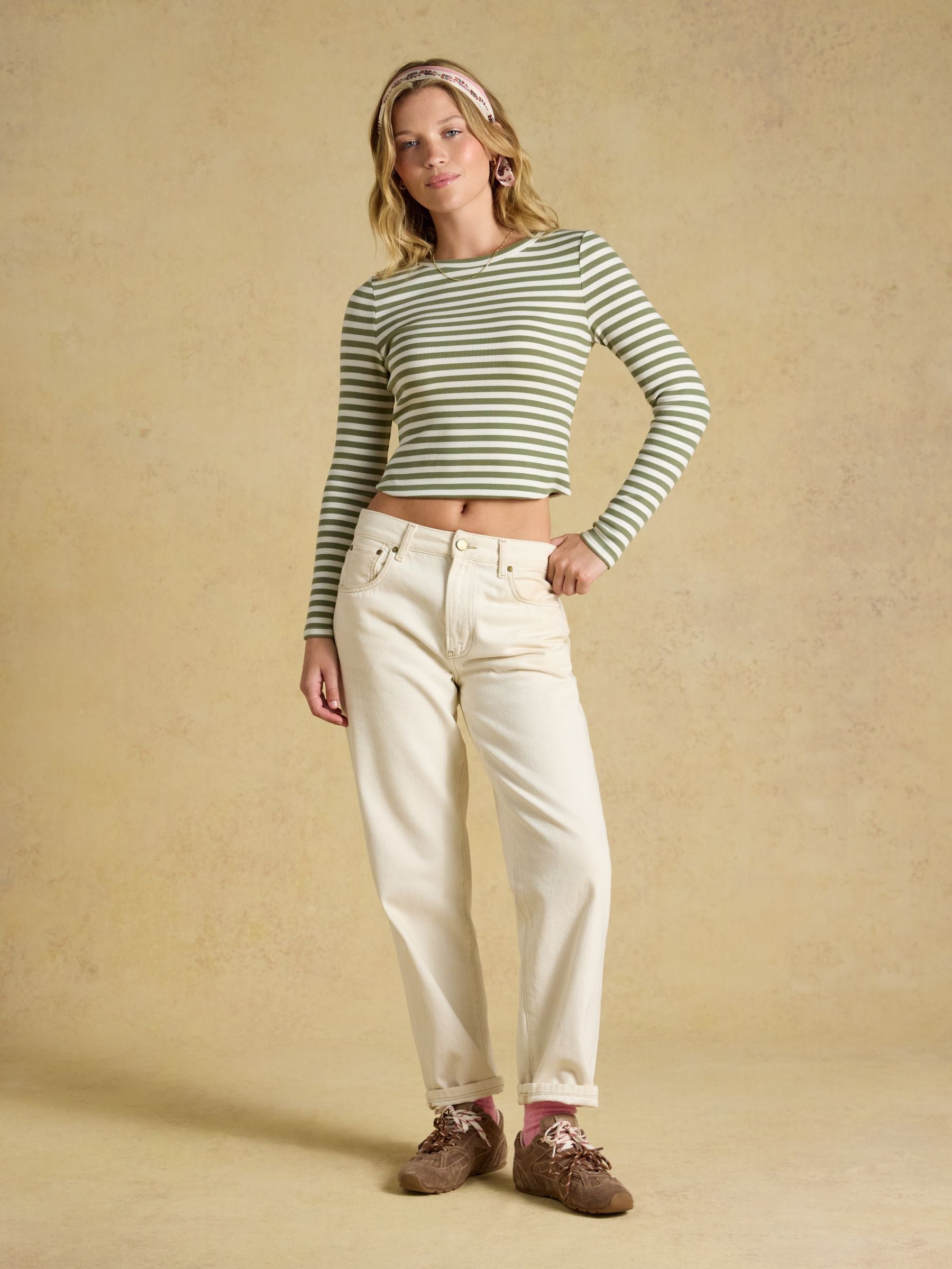 Sophie Khaki Green Long Sleeve Ribbed Fitted T-Shirt