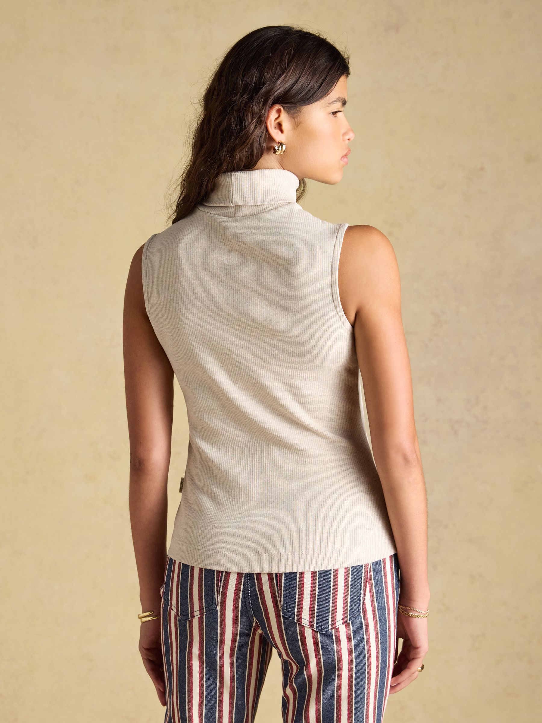 Oat Marl Ribbed Cotton Rich Sleeveless Roll Neck
