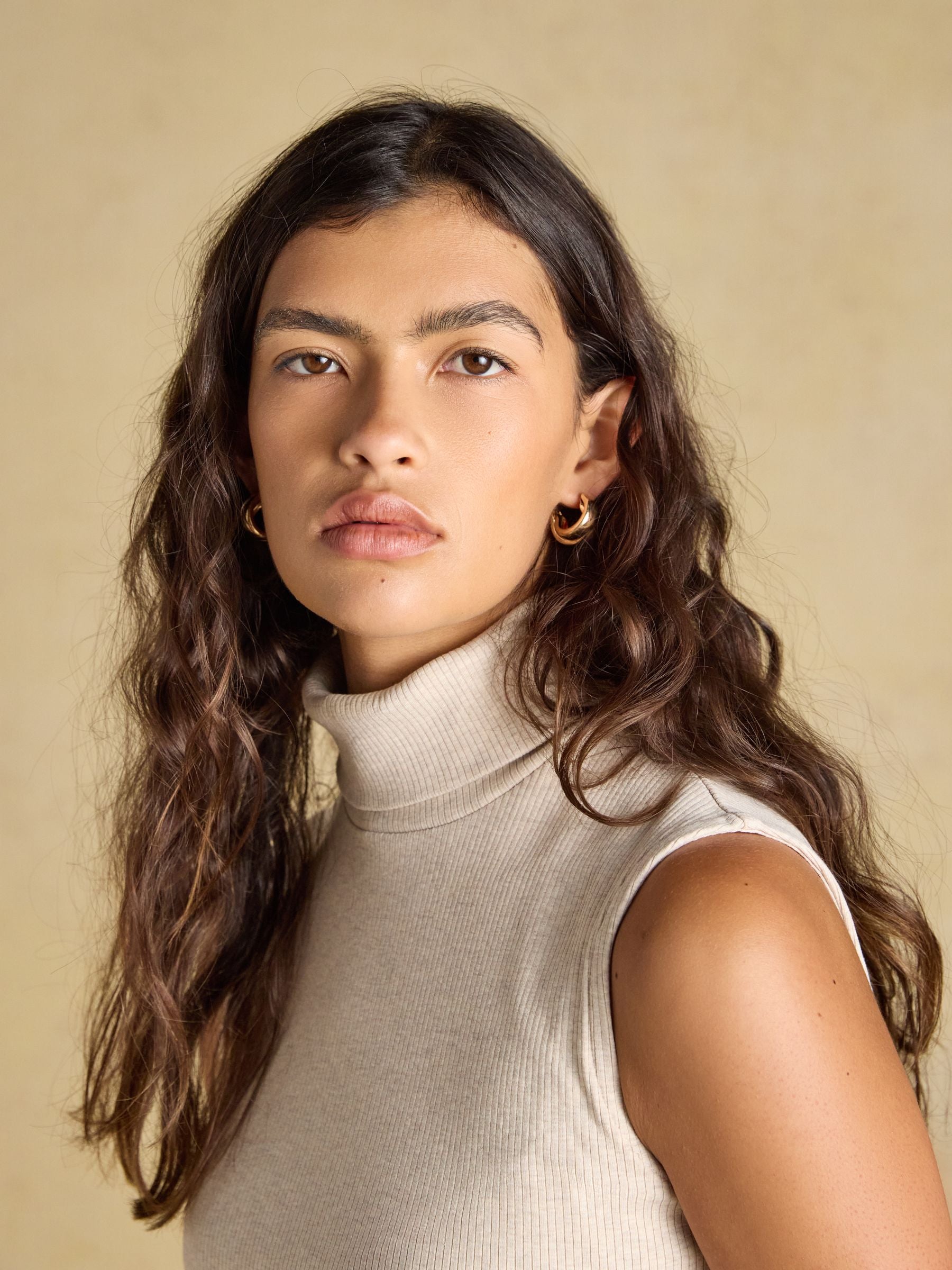 Oat Marl Ribbed Cotton Rich Sleeveless Roll Neck