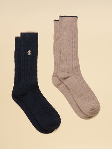Men's Cable Knit Navy & Tan Socks 2 Pack