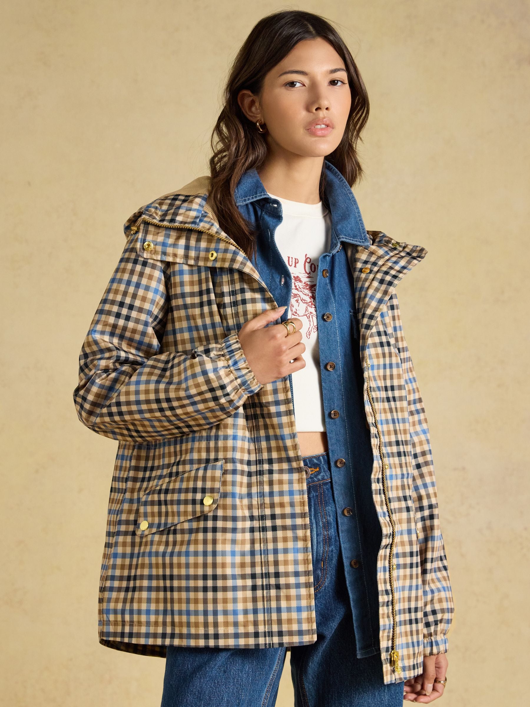 Everdry Brown Check Waterproof Packable Raincoat With Hood