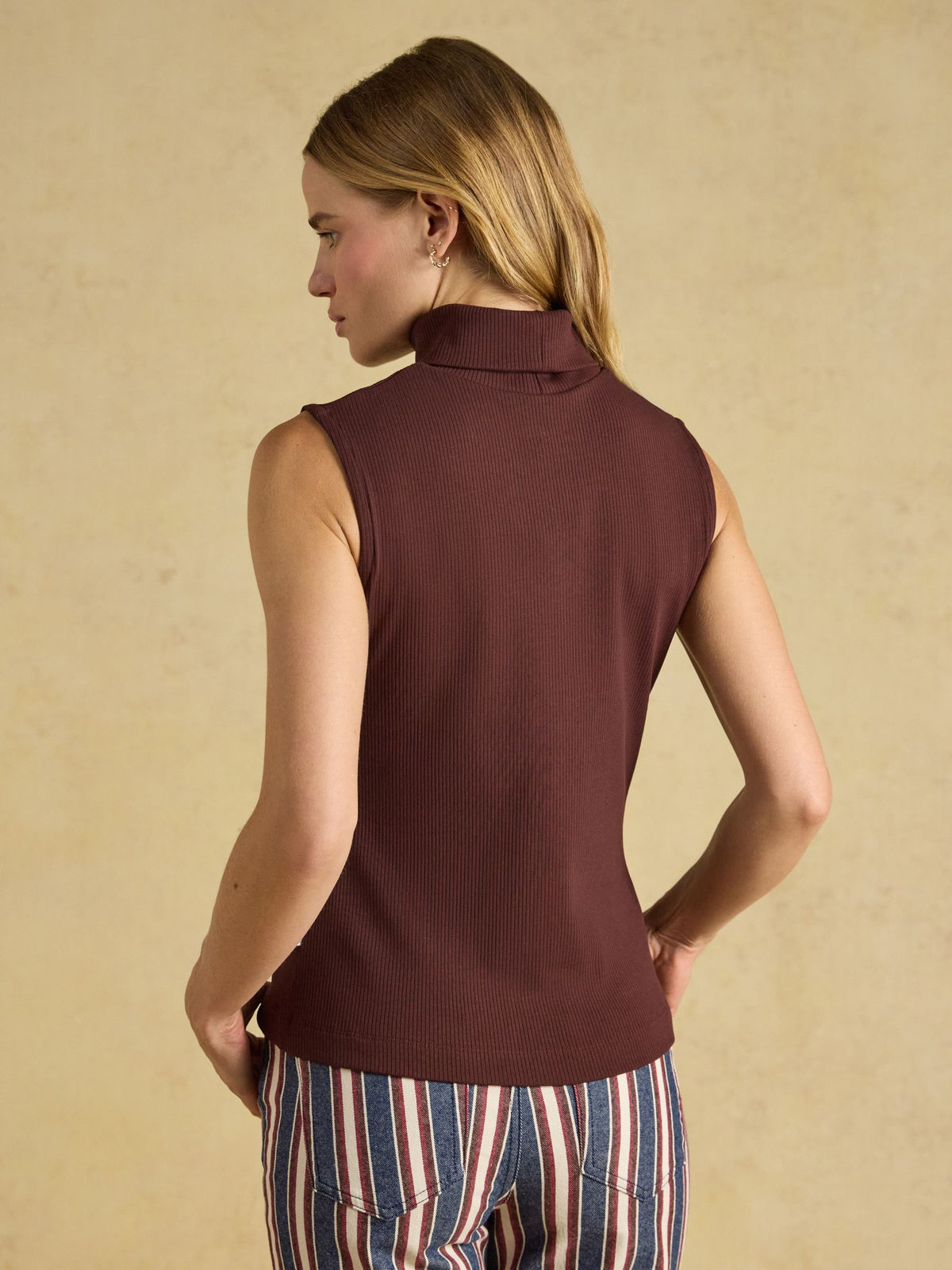 Celia Ribbed Cotton Rich Sleeveless Roll Neck - Chocolate Brown