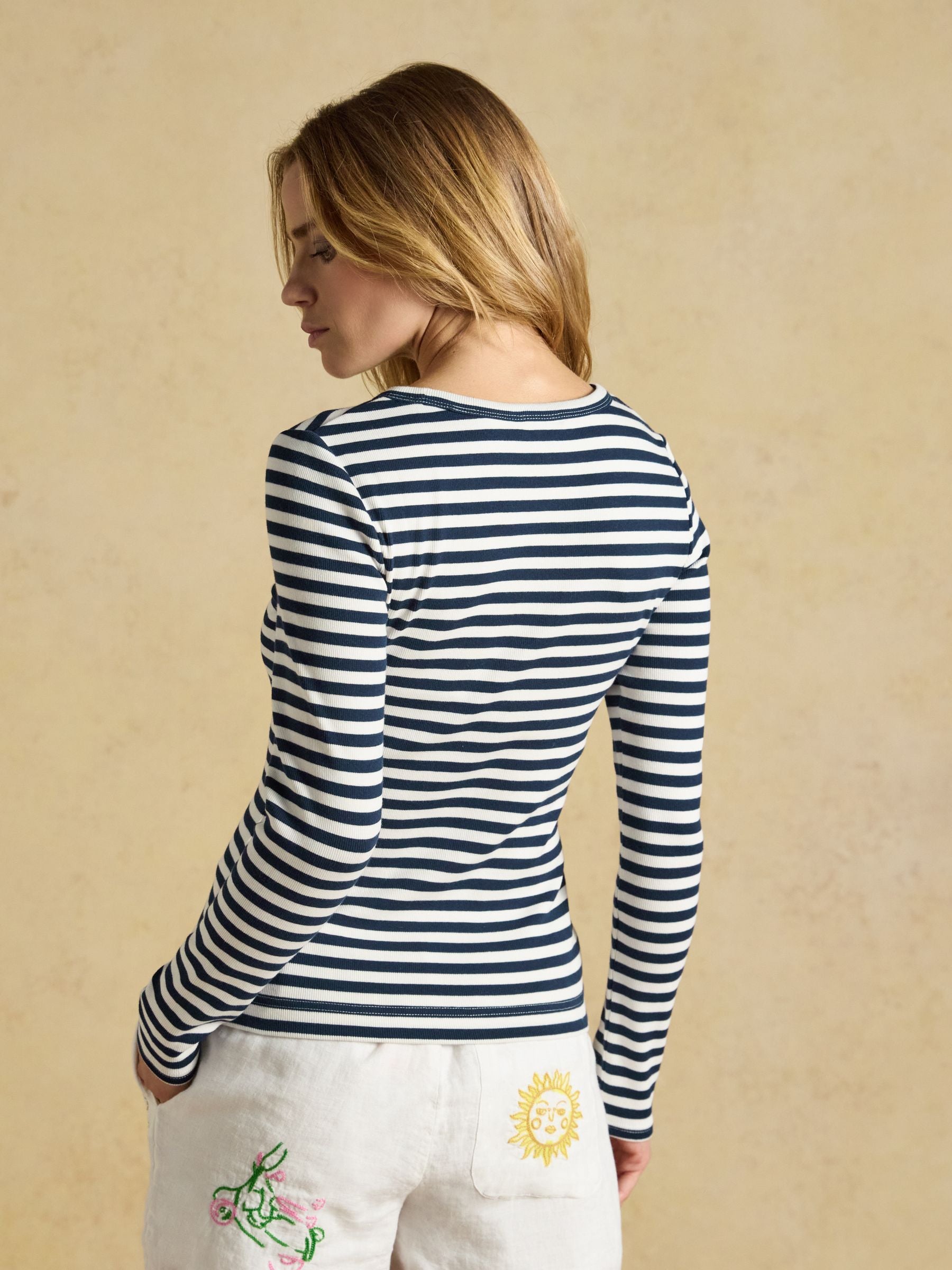 Sophie Navy Striped Long Sleeve Ribbed Fitted T-Shirt