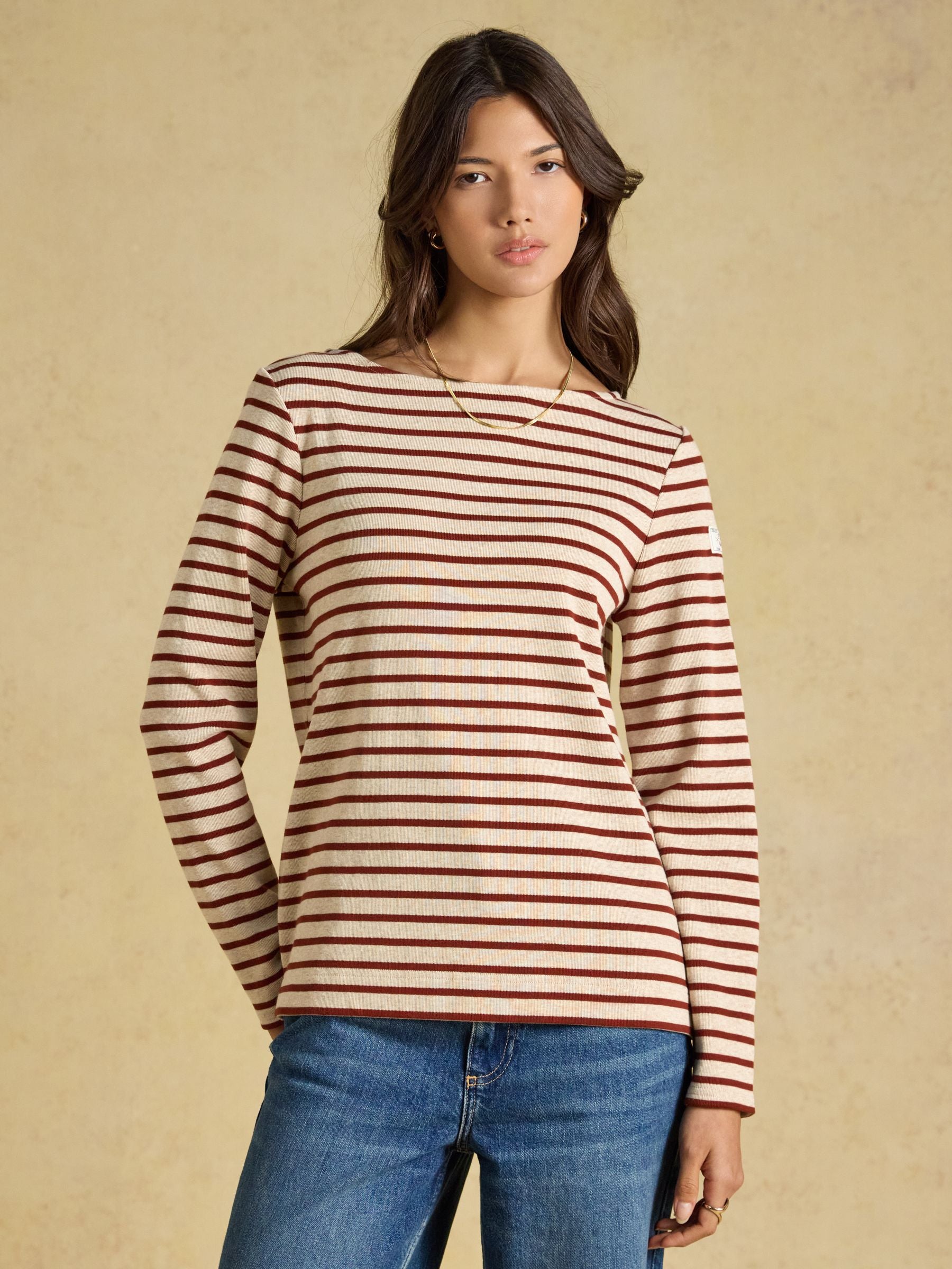 Harbour Oat Marl & Russet Long Sleeve Striped Boat Neck Breton Top