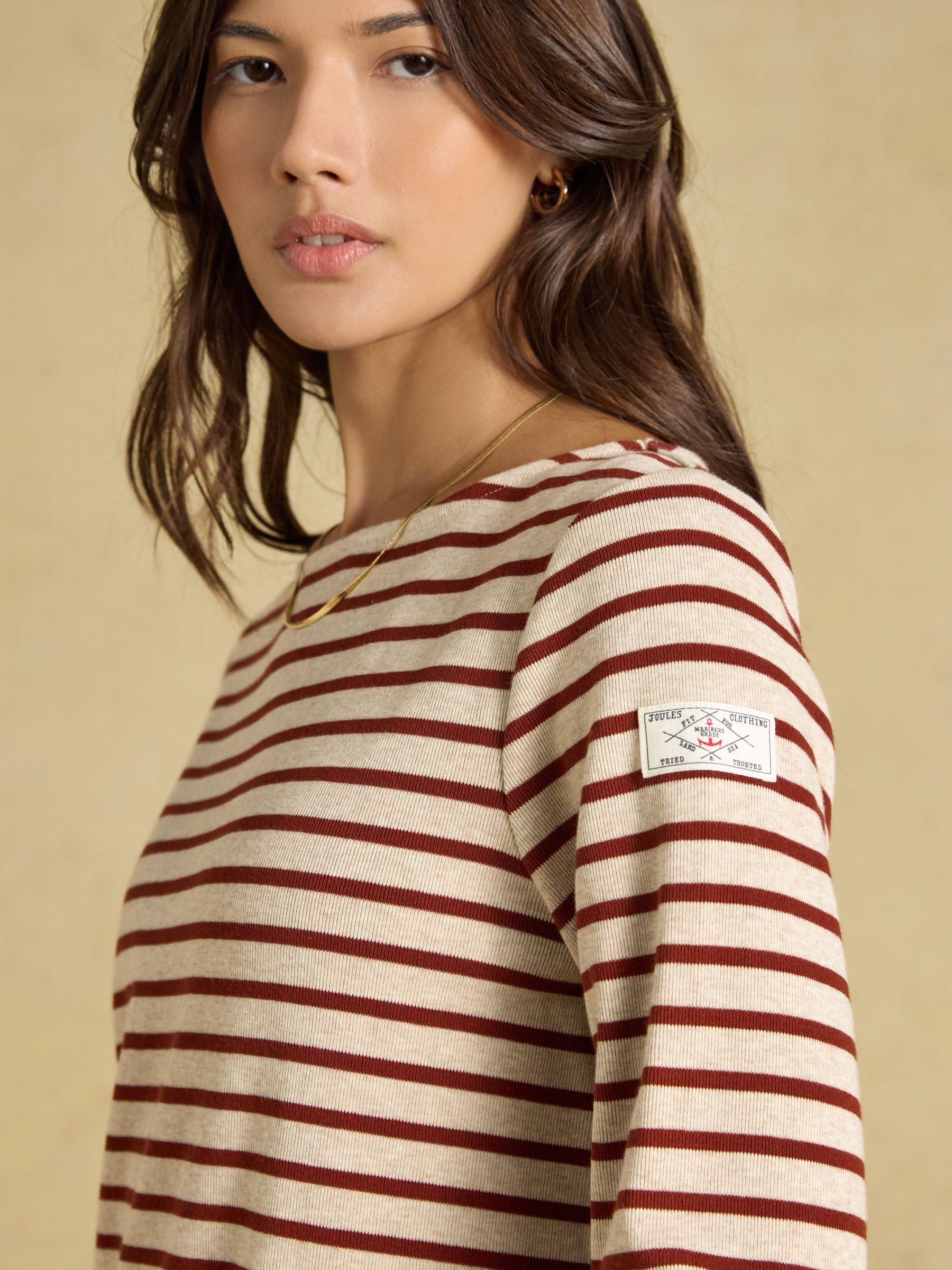 Harbour Oat Marl & Russet Long Sleeve Striped Boat Neck Breton Top