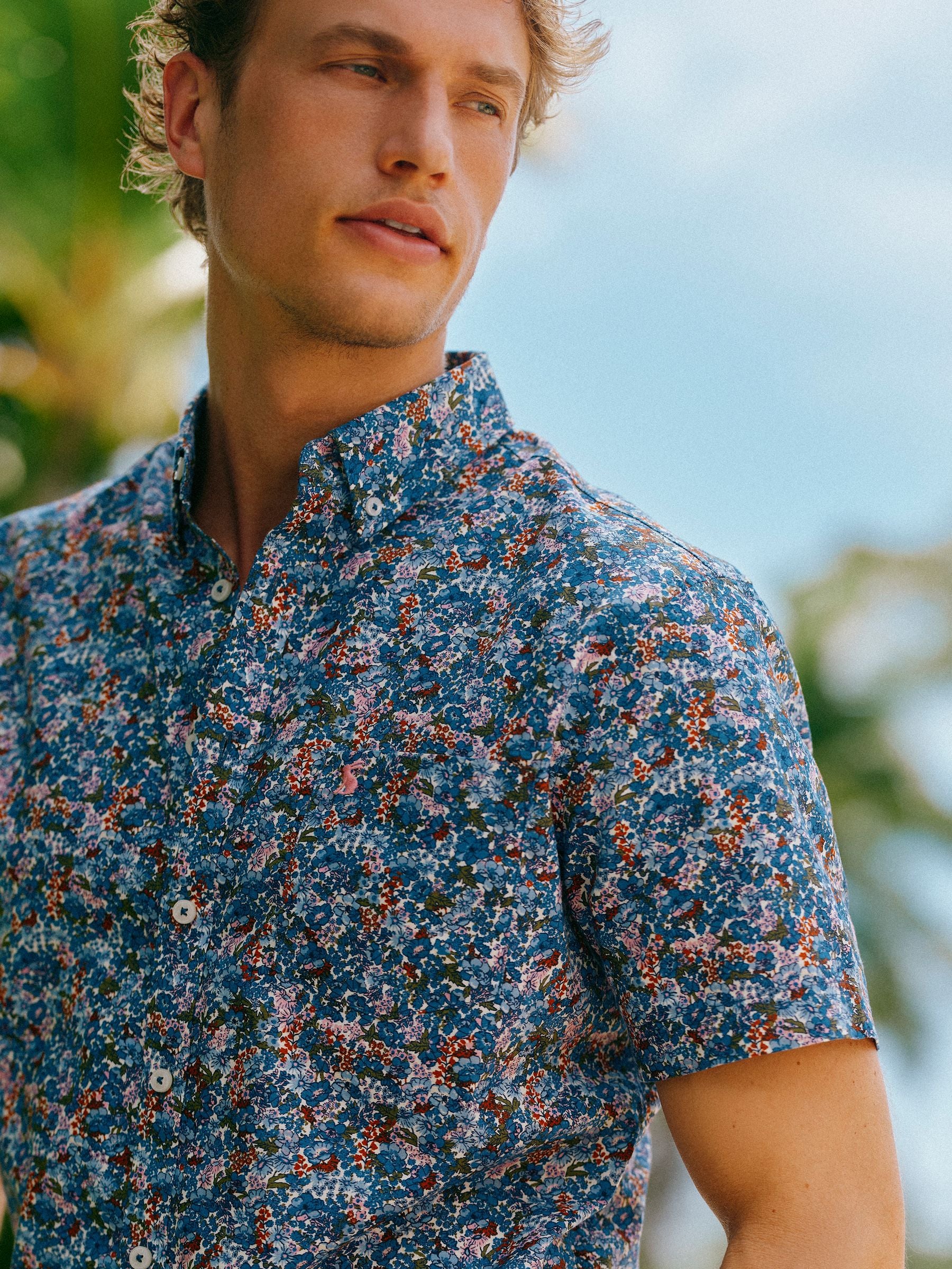 Navy Floral Short Sleeve Classic Fit Shirt