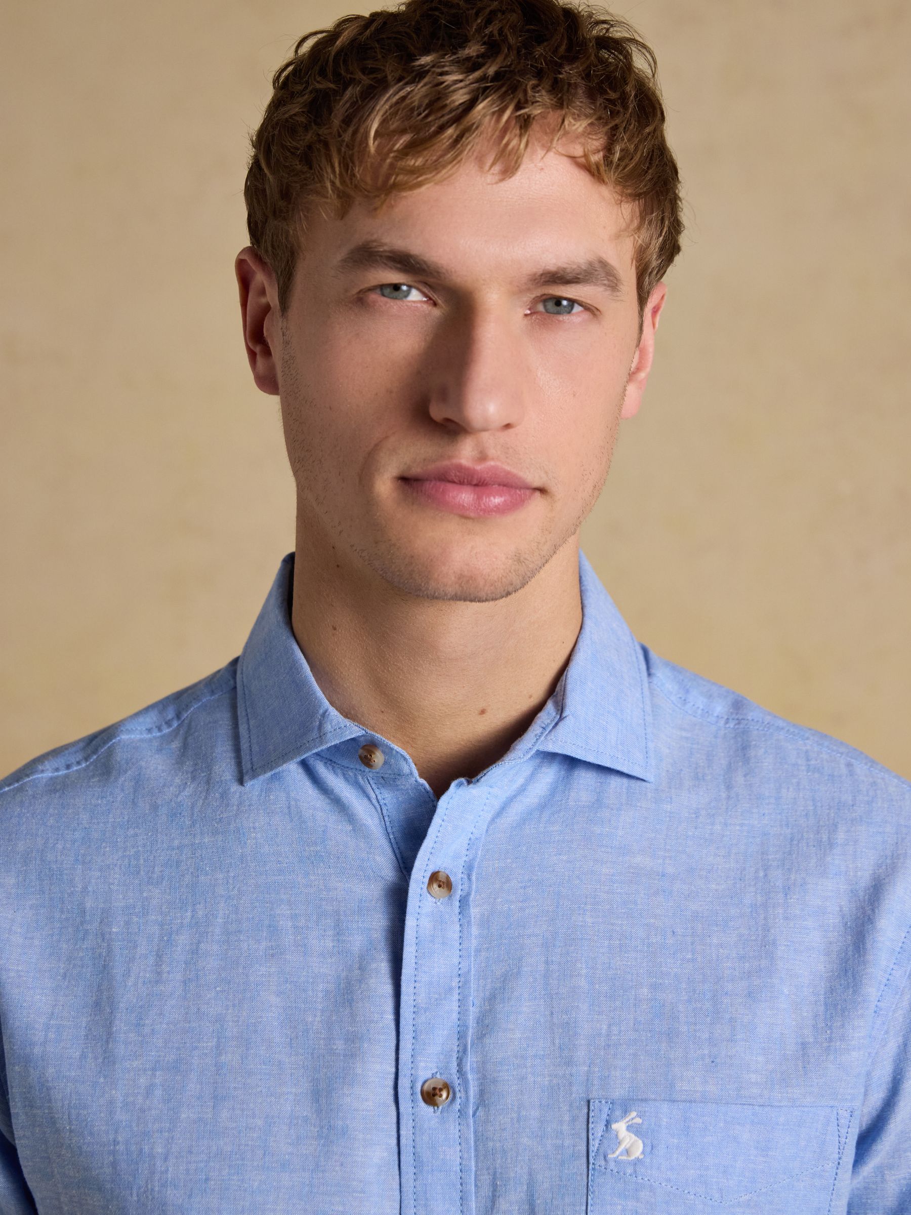 Light Blue Linen Blend Short Sleeve Shirt