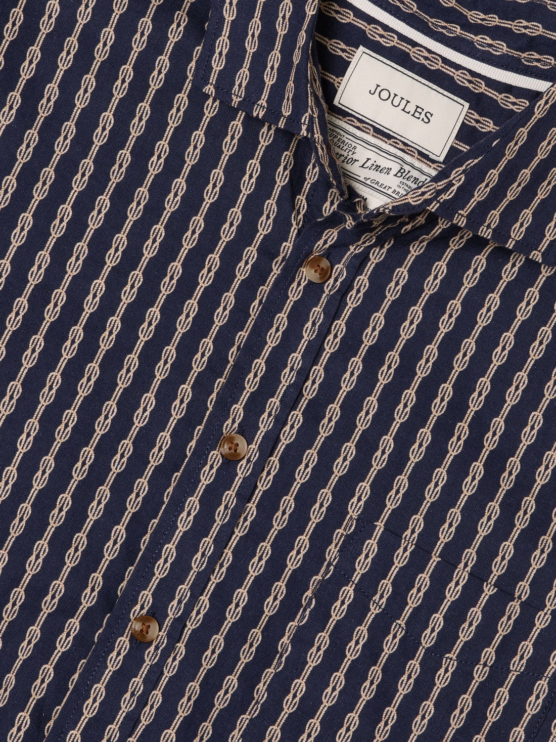 Linen Blend Navy Printed Short Sleeve Shirt
