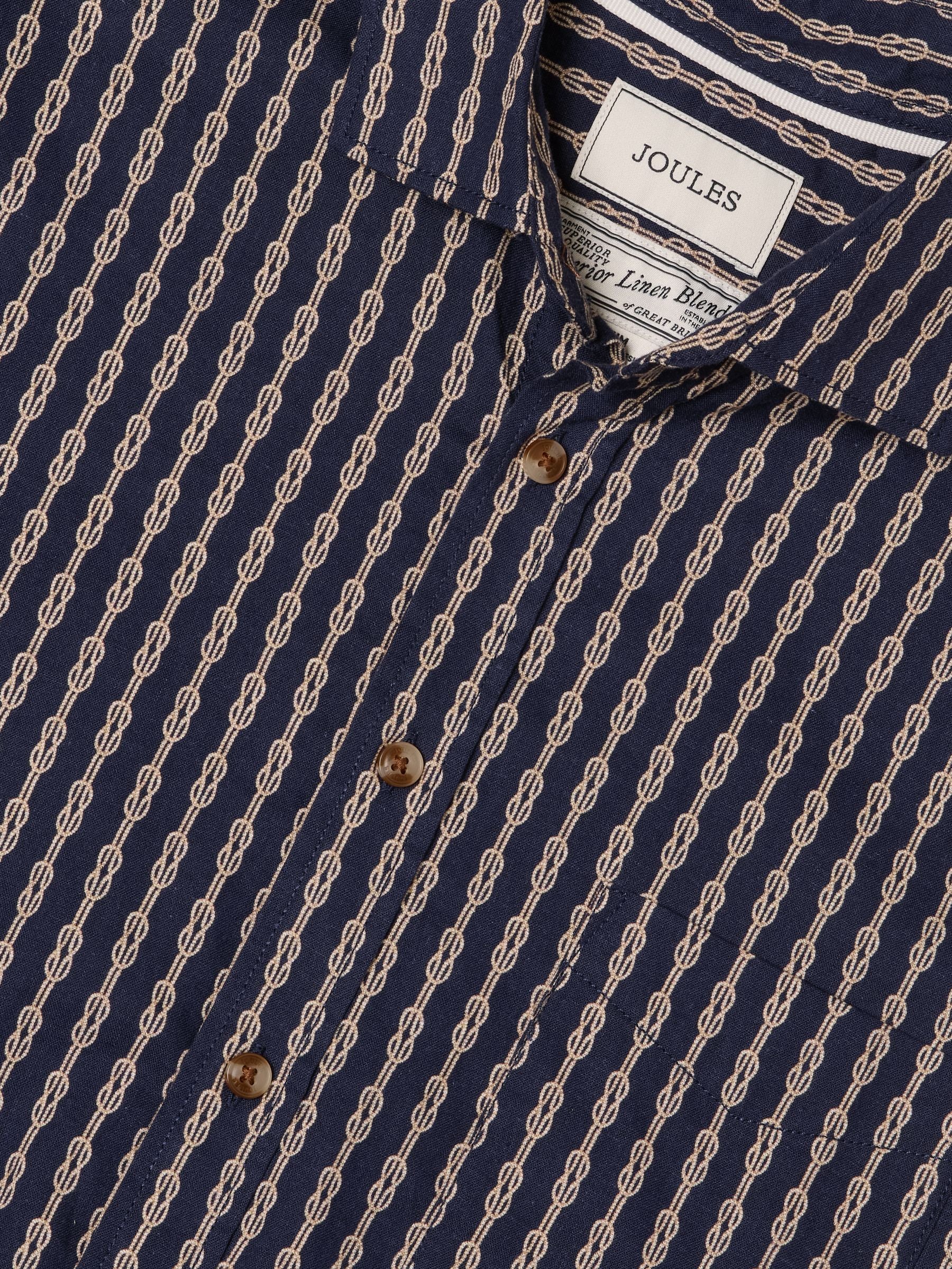 Linen Blend Navy Printed Short Sleeve Shirt