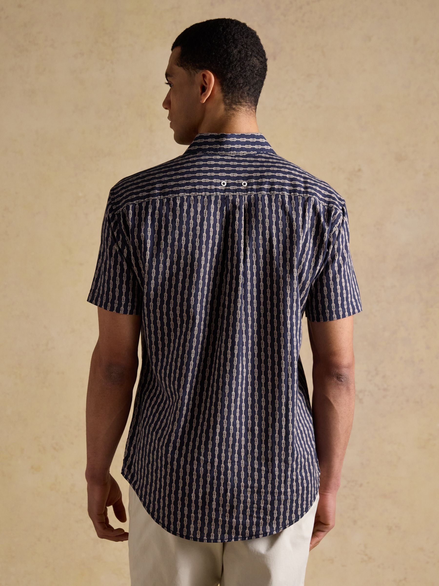 Linen Blend Navy Printed Short Sleeve Shirt