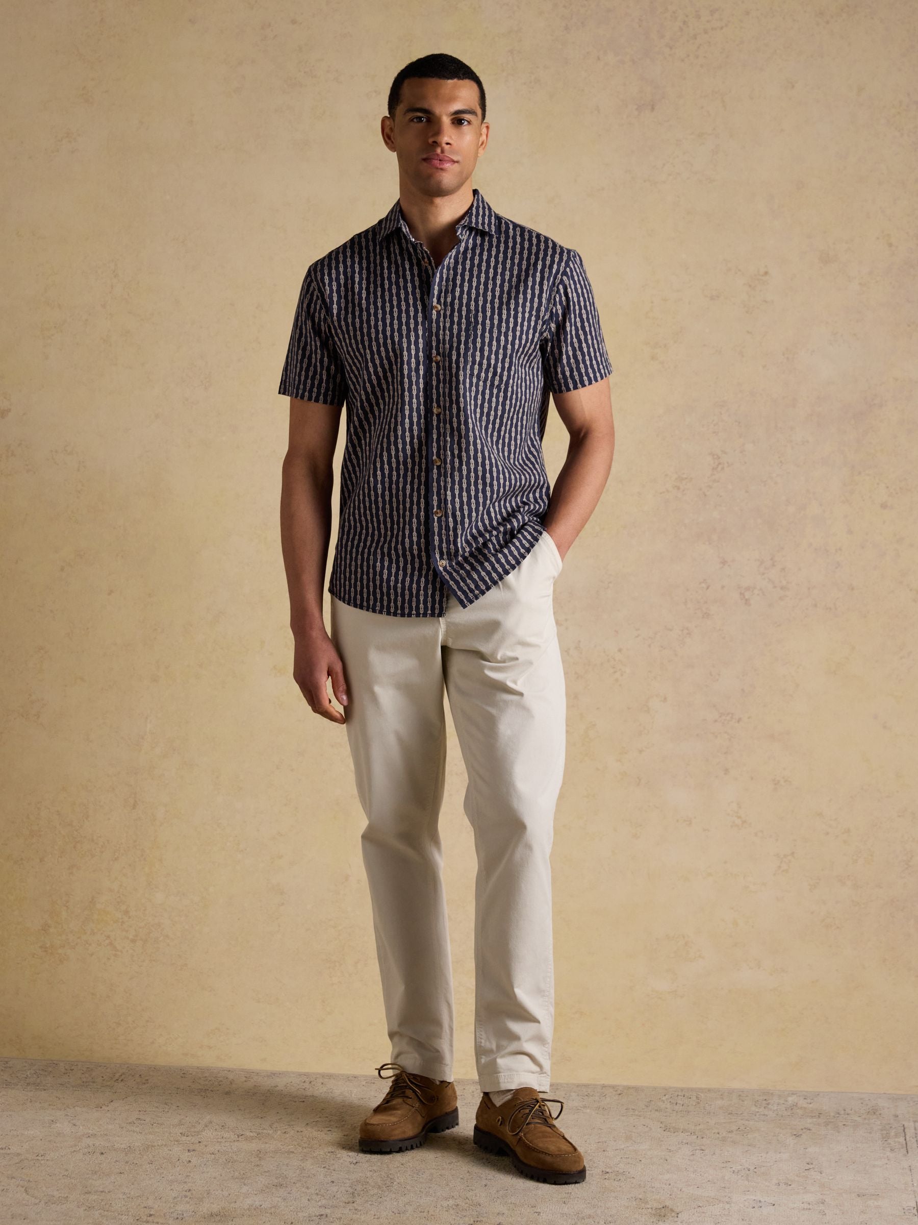 Linen Blend Navy Printed Short Sleeve Shirt