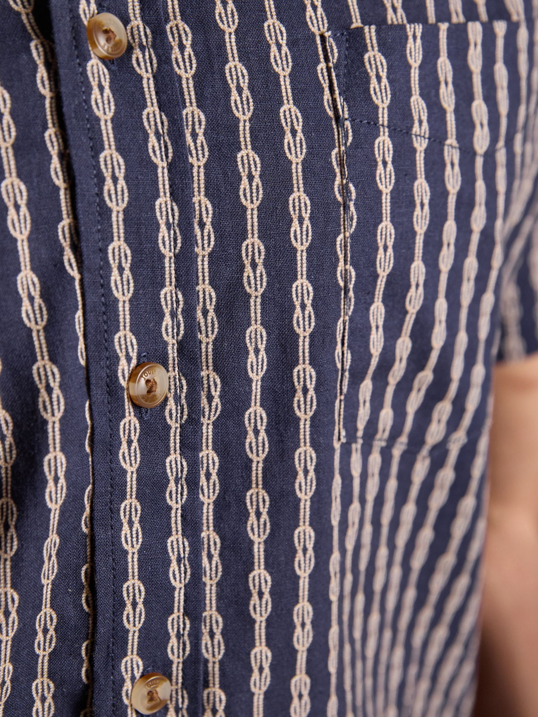Linen Blend Navy Printed Short Sleeve Shirt