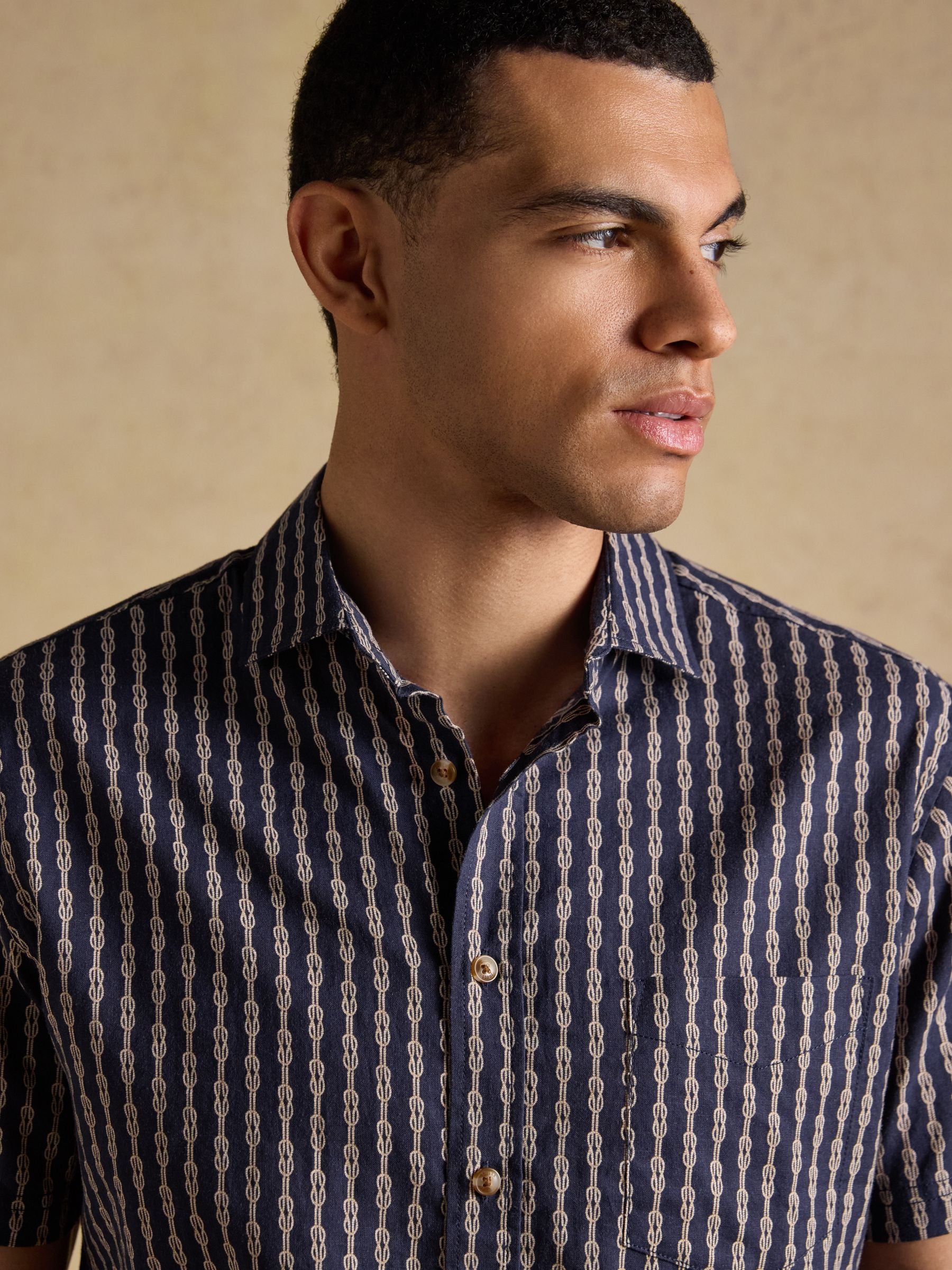 Linen Blend Navy Printed Short Sleeve Shirt