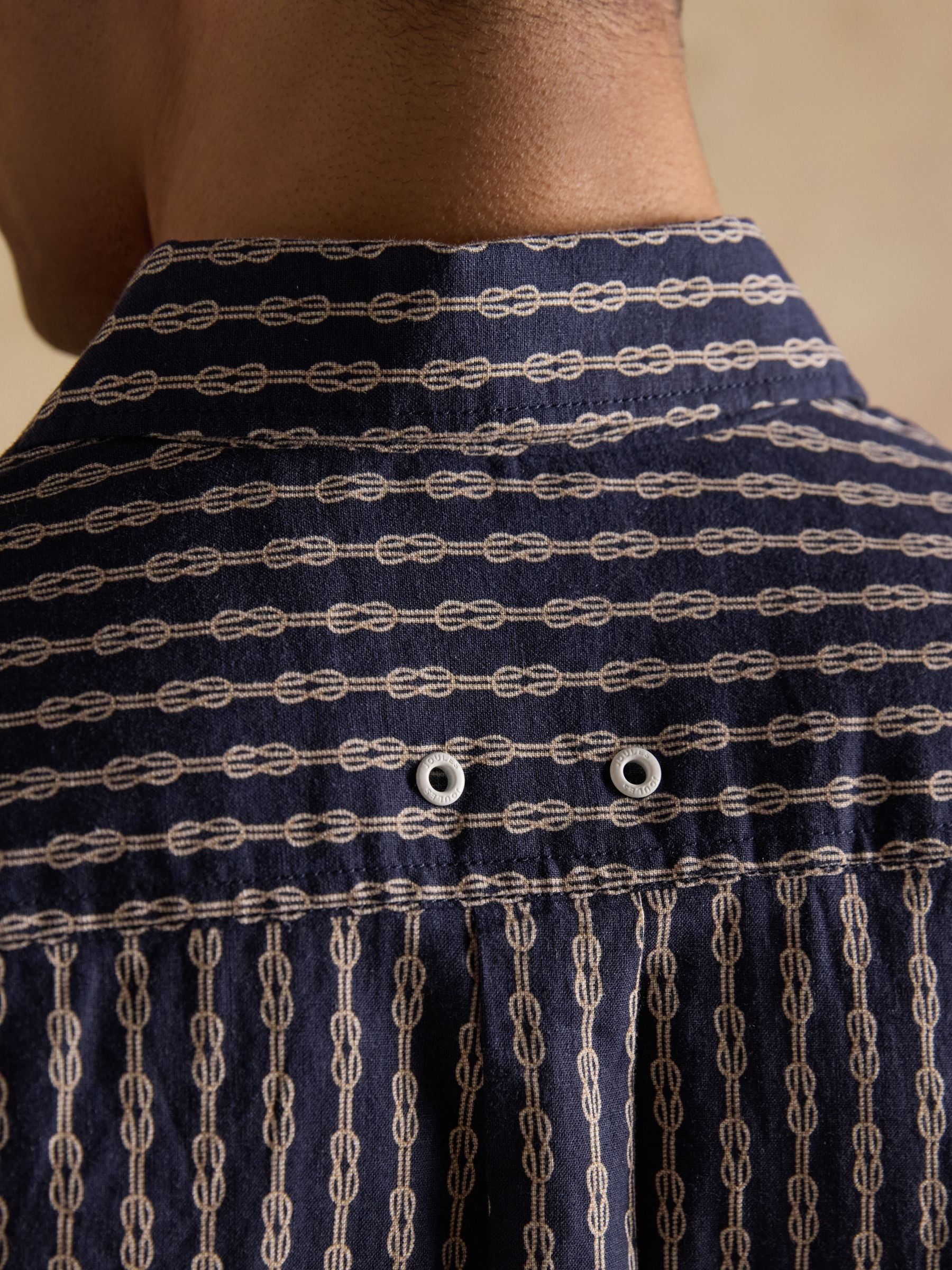 Linen Blend Navy Printed Short Sleeve Shirt