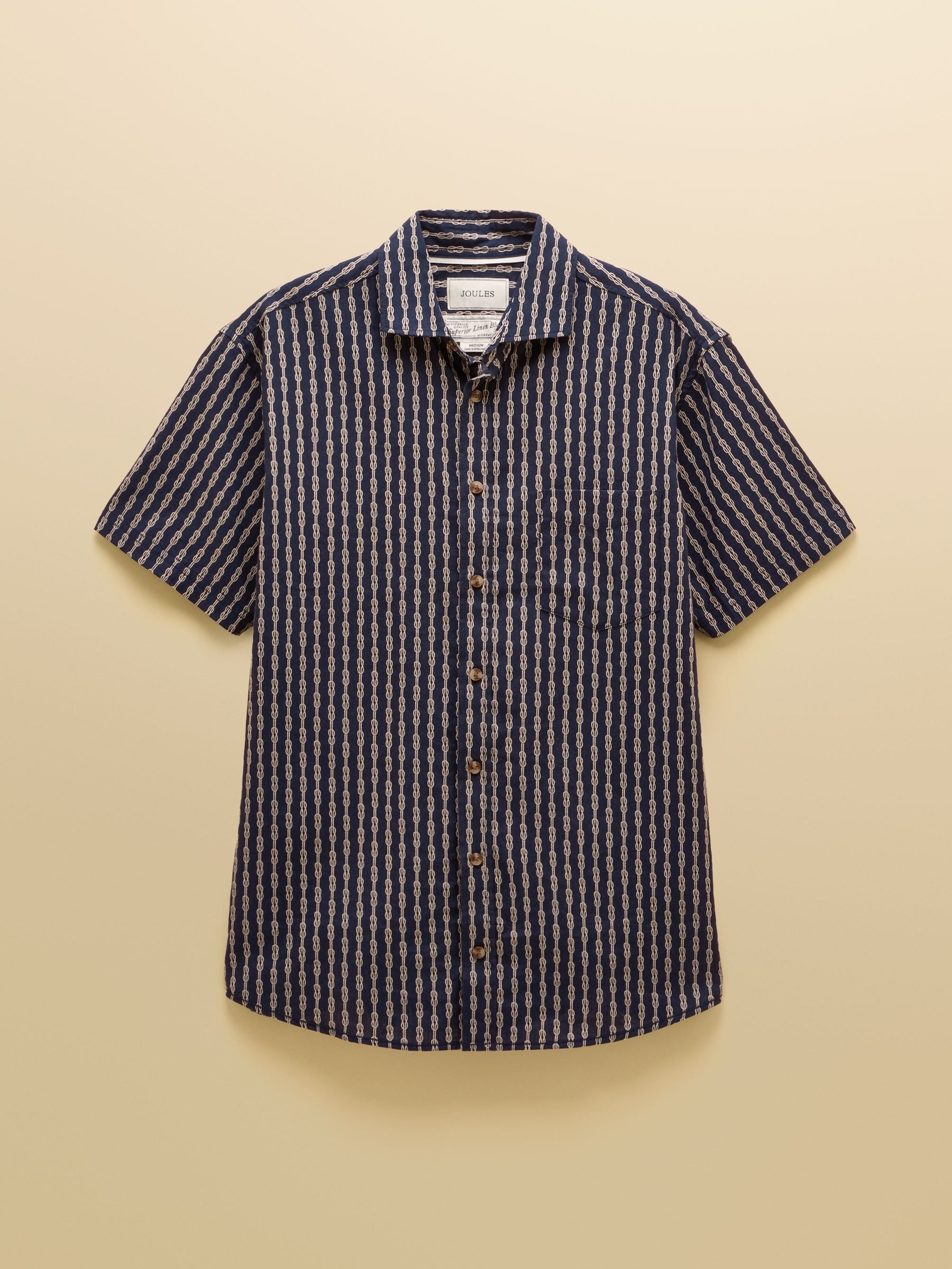 Linen Blend Navy Printed Short Sleeve Shirt