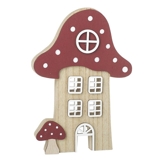 WOODEN MUSHROOM HOUSE WITH RED ROOF