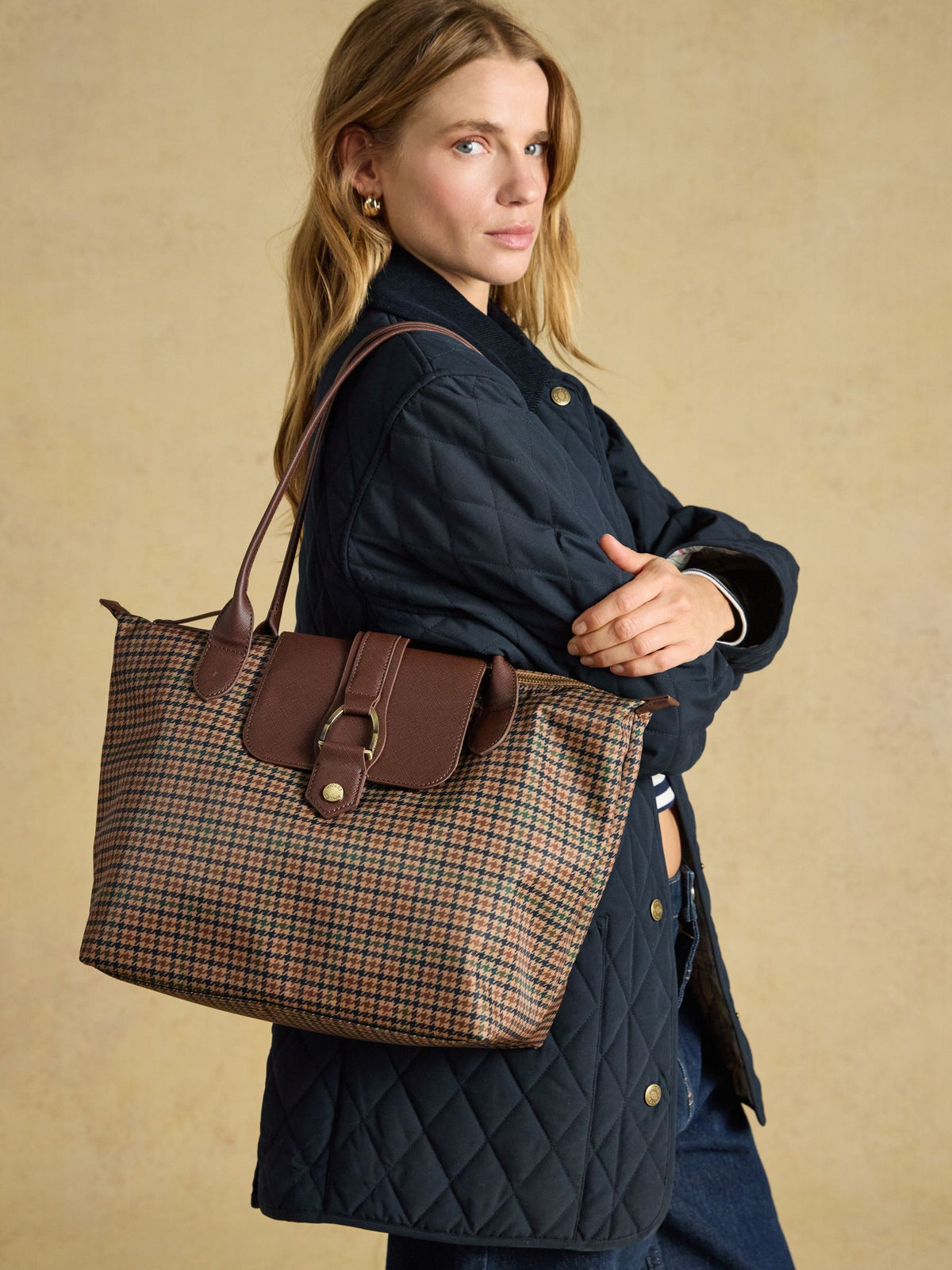 Edie Zip Top Shopper Bag - Neutral Check