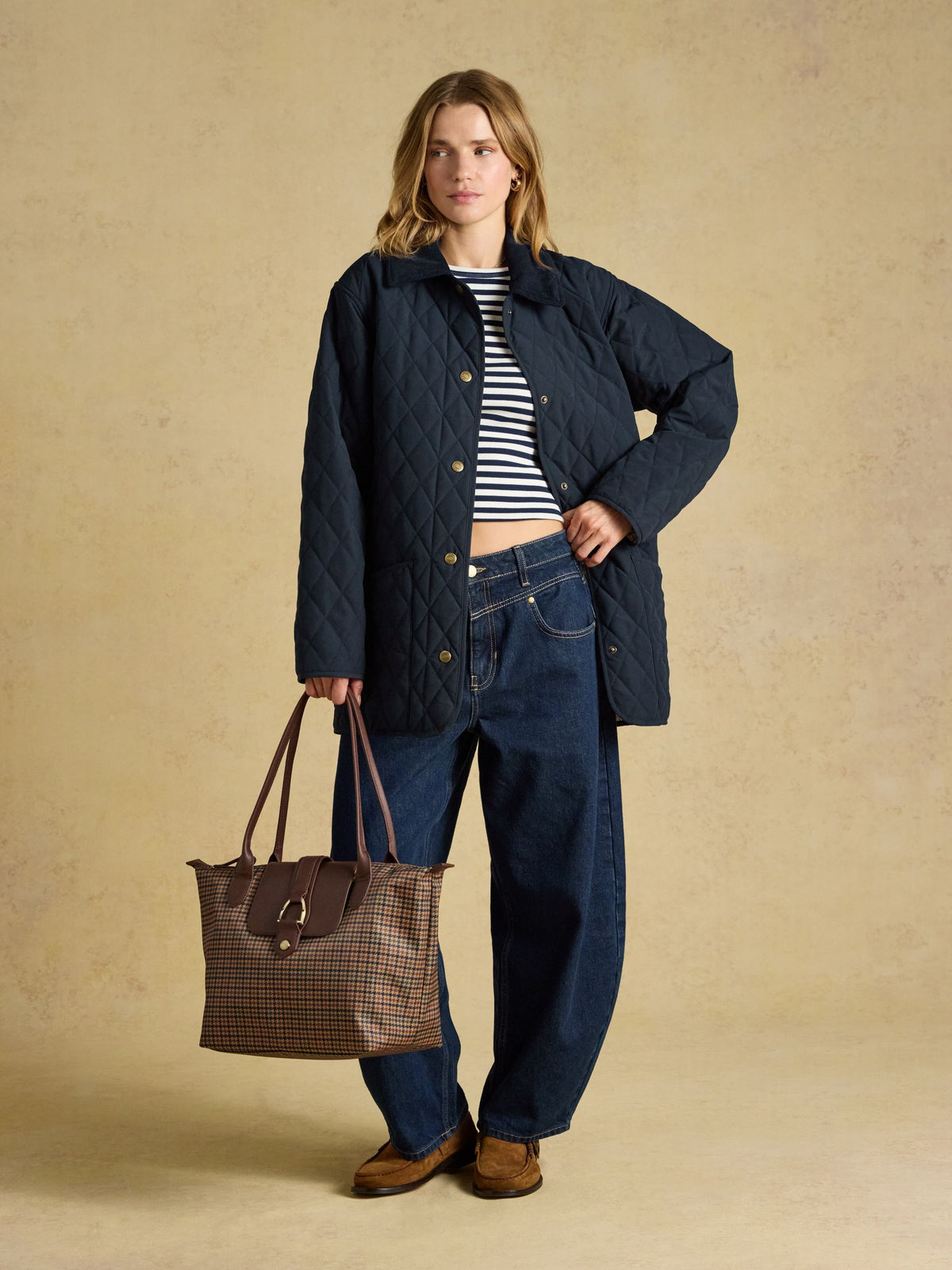 Edie Zip Top Shopper Bag - Neutral Check