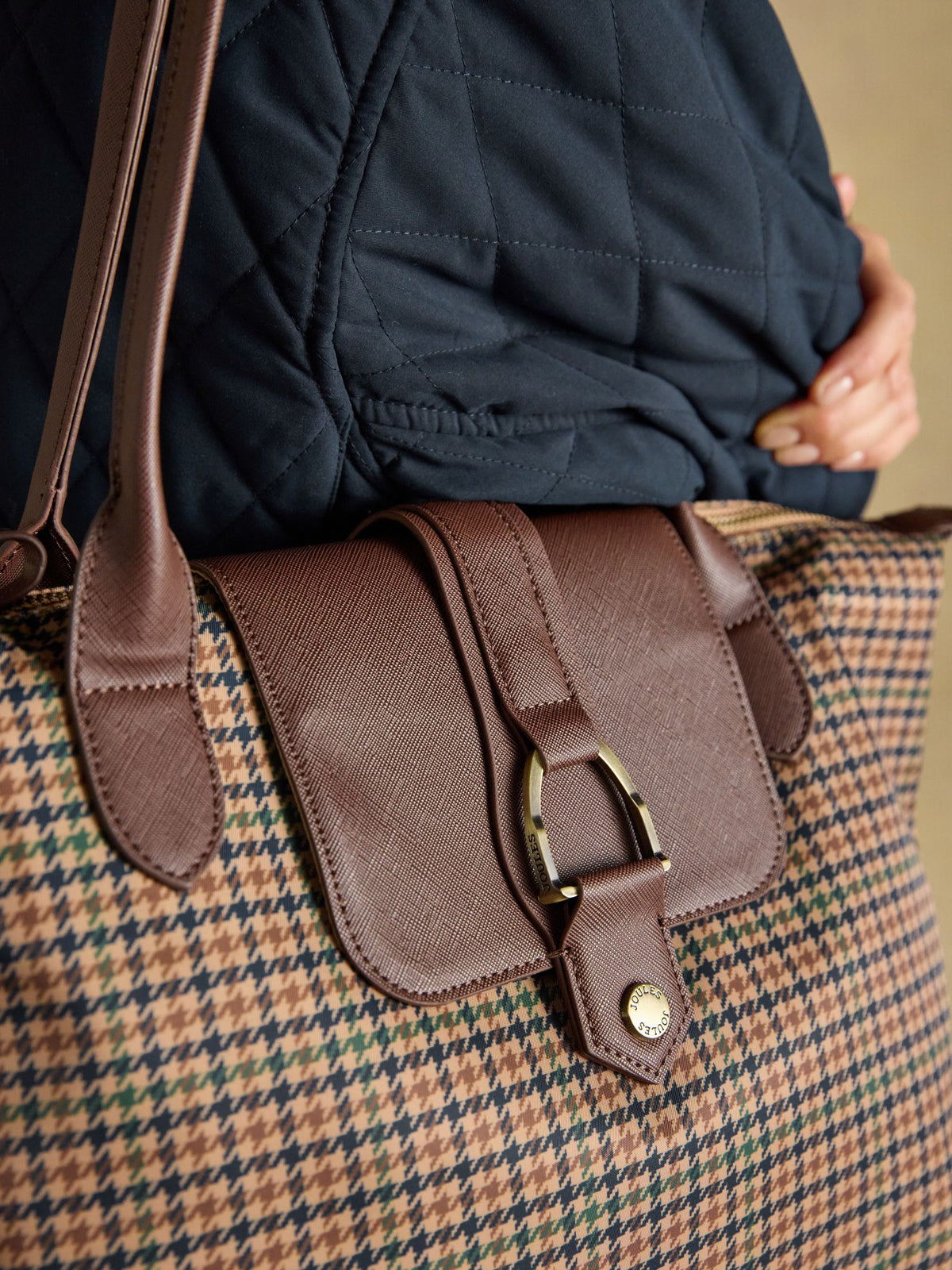 Edie Zip Top Shopper Bag - Neutral Check