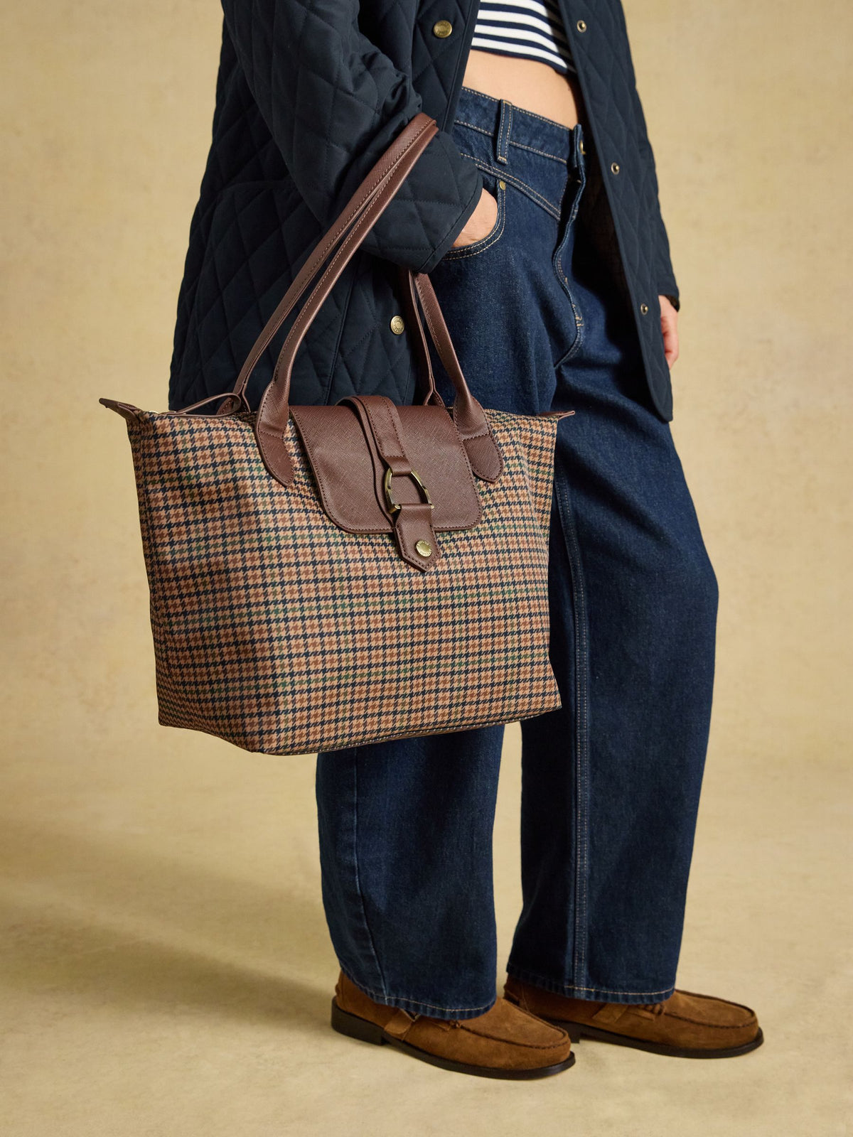 Edie Zip Top Shopper Bag - Neutral Check
