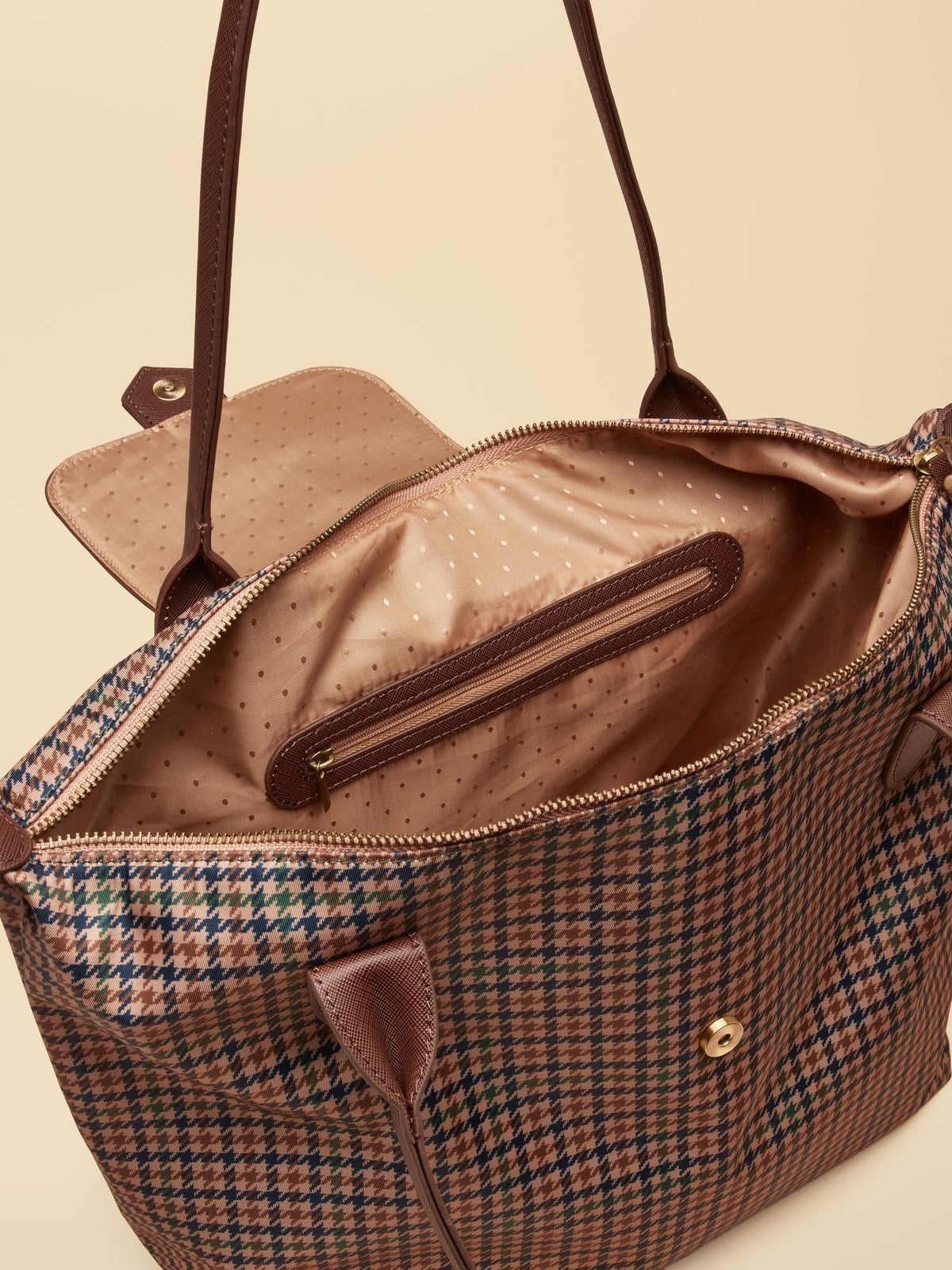 Edie Zip Top Shopper Bag - Neutral Check